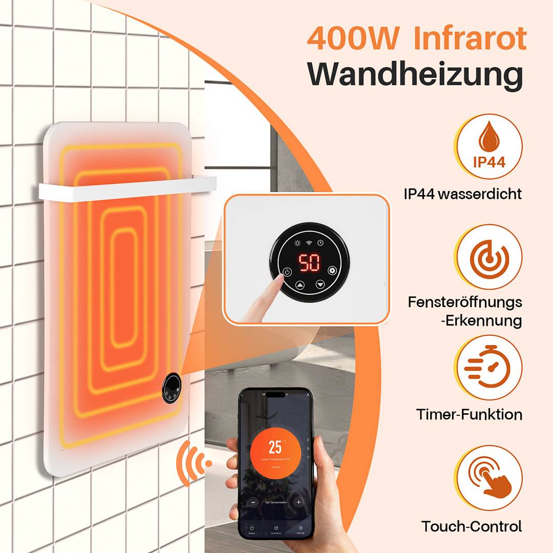 Werbebild eines 400W Infrarot-Wandheizers mit digitaler Touchsteuerung, Smartphone-App-Steuerung, IP44-Schutzart, Fenster-Offen-Erkennung und Timer-Funktion.
