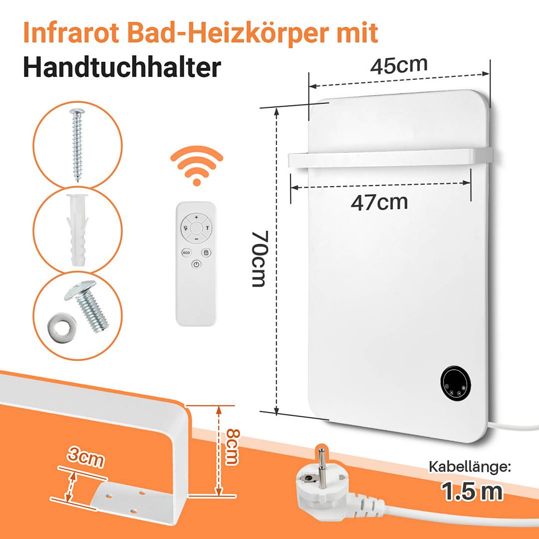 Weißer Infrarot-Badheizkörper mit Handtuchhalter, Fernbedienung und Installationszubehör; Abmessungen wie dargestellt: 70 cm hoch, 47 cm breit, 45 cm obere Breite, 1,5 m Kabel.