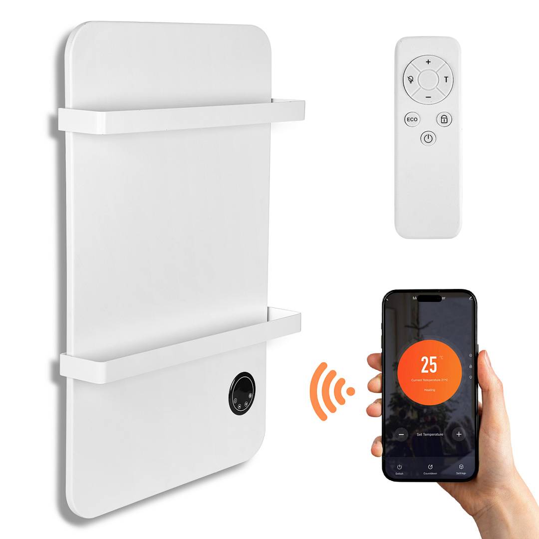 Intelligente wandmontierte Heizung mit Fernbedienung und Smartphone-App-Steuerung, dargestellt mit kabellosen Verbindungen.