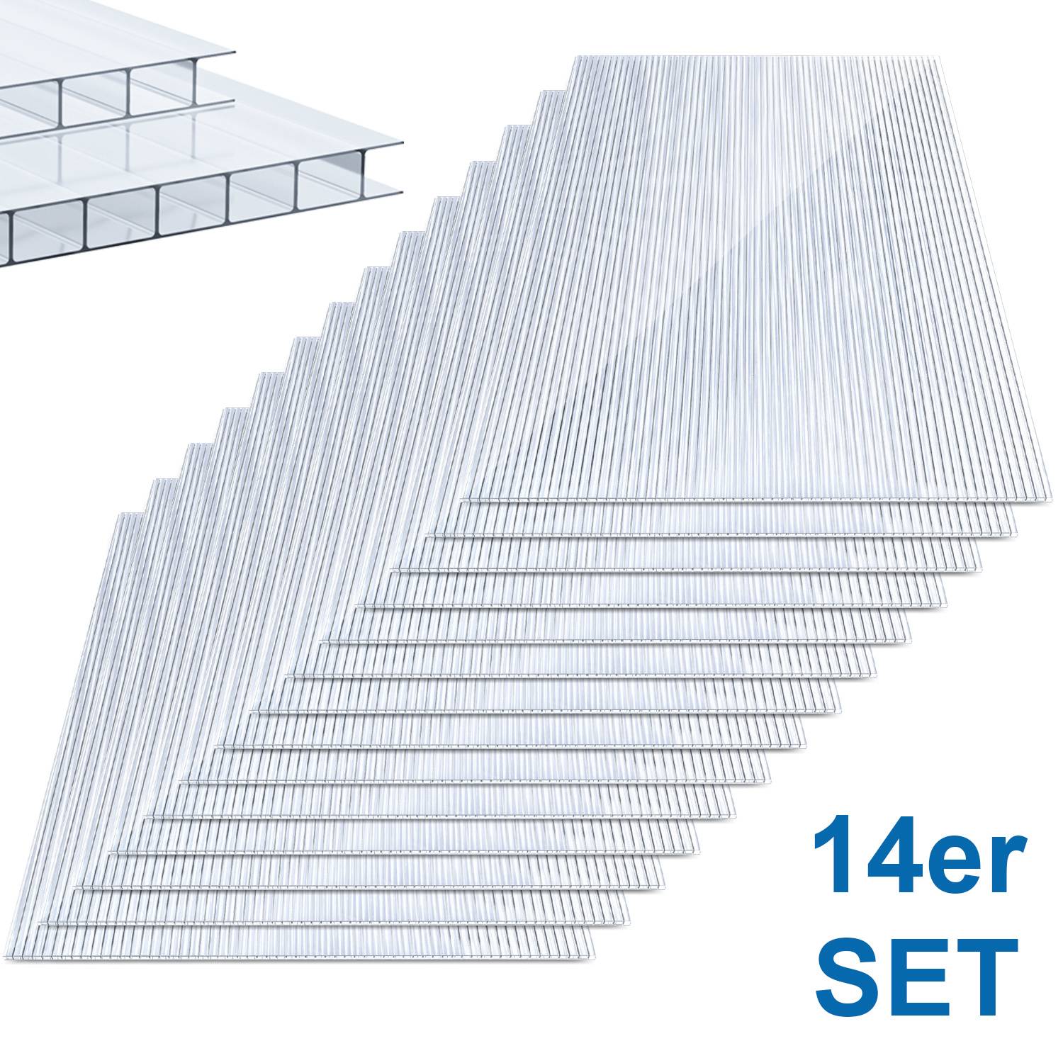 Satz von 14 transparenten wellkunststoffplatten, gestapelt in diagonaler anordnung, mit kleinem einschub-querschnittdetail und dem text '14er SET'.