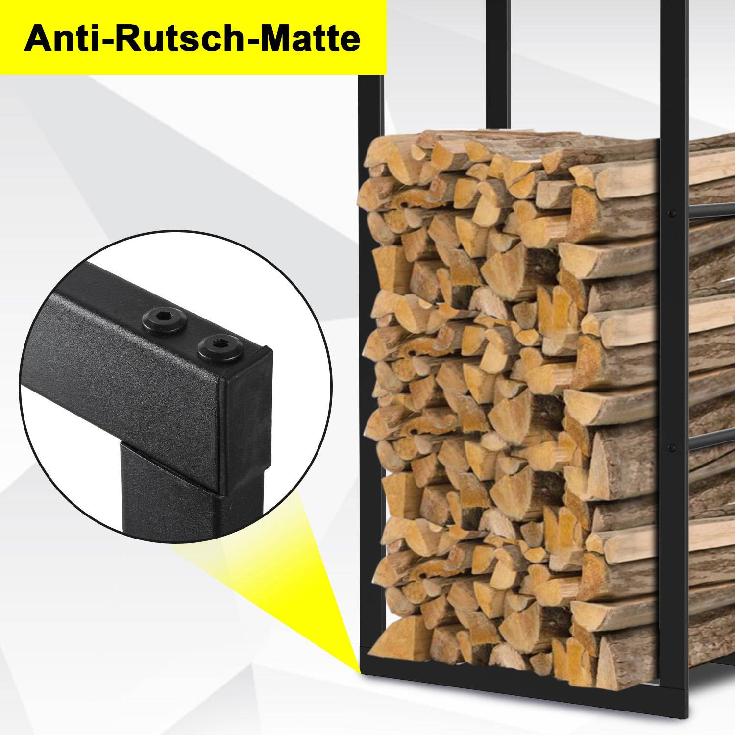 Holzlagerständer mit schwarzem Metallrahmen und rutschfester Matte; Die Vergrößerung zeigt eine Nahaufnahme der Rahmenecke und der Schraubendetails.