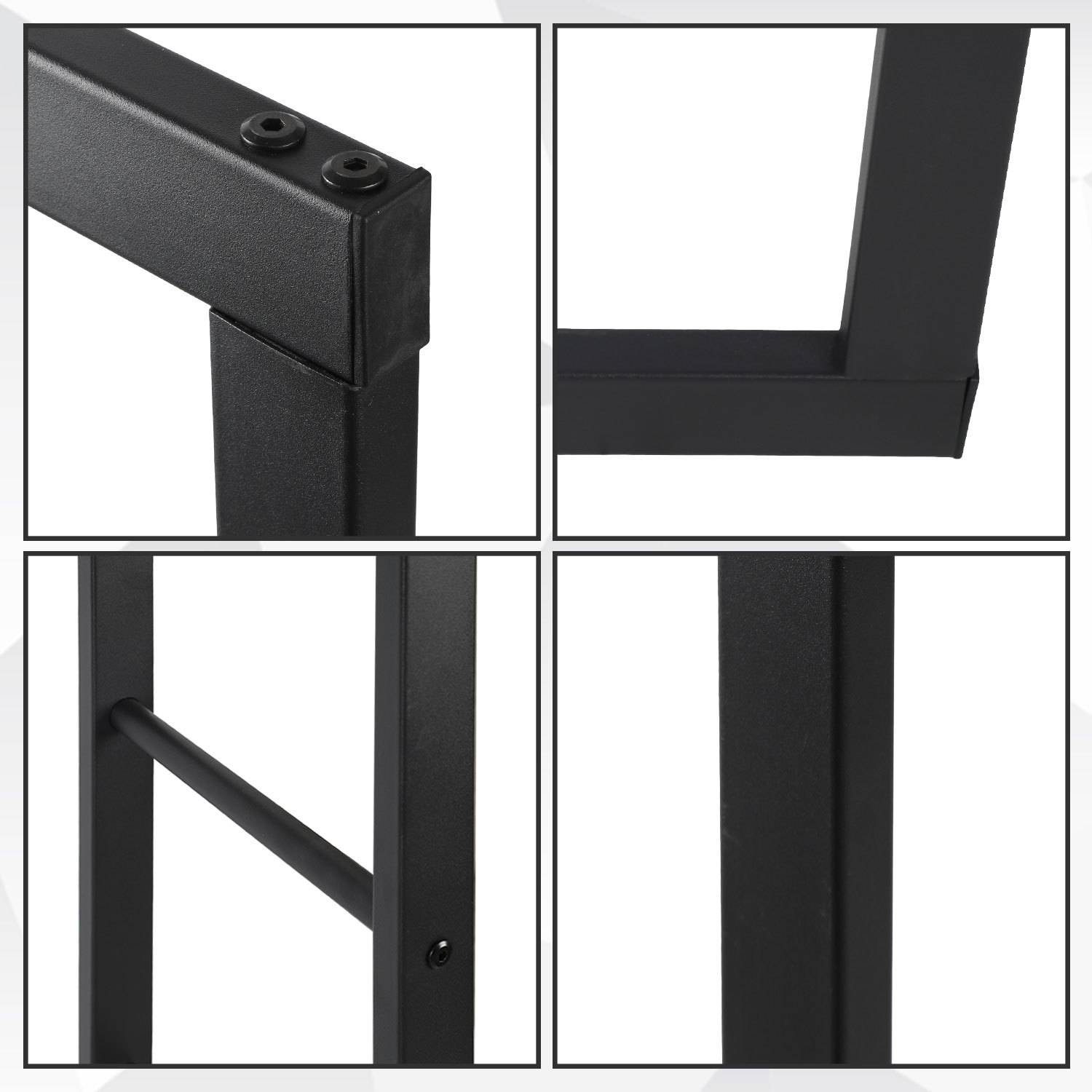 Nahaufnahme einer vierteiligen Collage eines schwarzen Metallrahmens, die Eckenverbindungen, eine L-förmige Verbindung, einen diagonalen Stützbalken und einen vertikalen Pfosten zeigt.