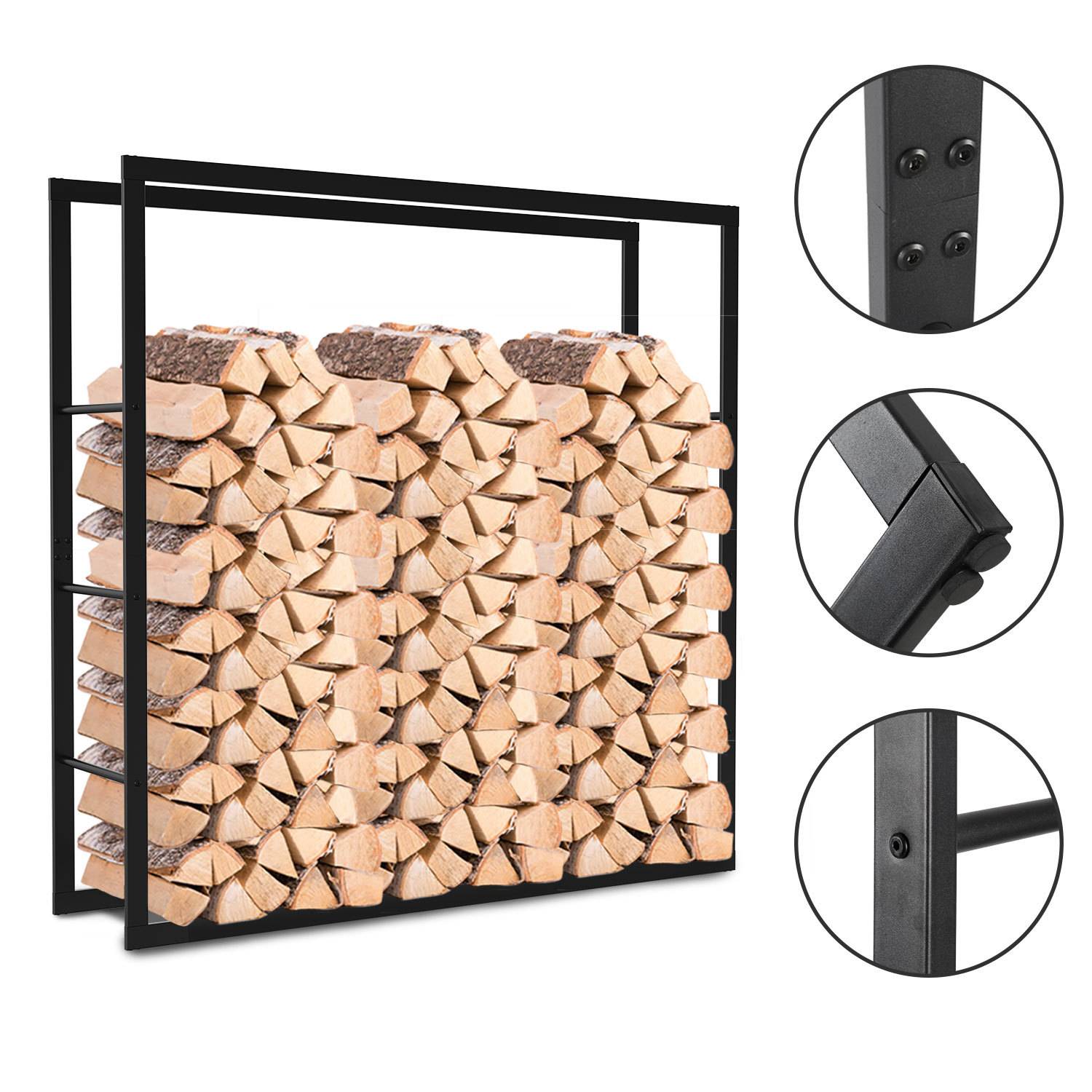 Metallisches schwarzes Brennholzregal gefüllt mit gespaltenen Holzscheiten, dargestellt mit drei Nahaufnahmen von Rahmenscharnieren und Beschlägen.