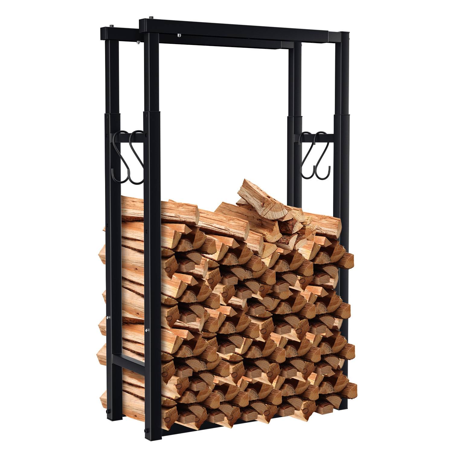 Kaminholzregal verstellbar 60–100 cm, Höhe 100/125/150 cm, Metall Schwarz, bis 550 kg, mit 4 Gerätehaken