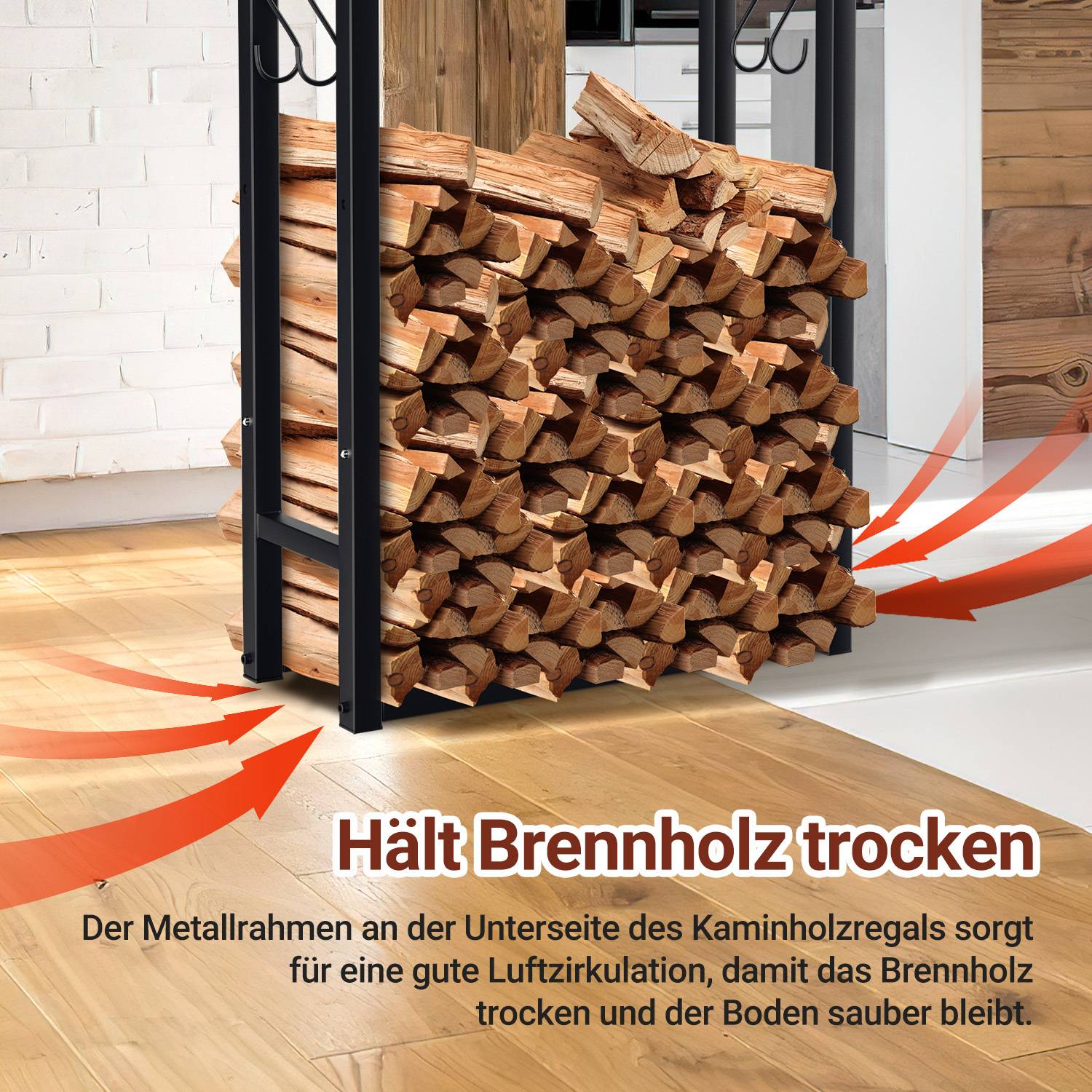 Kaminholzregal verstellbar 60–100 cm, Höhe 100/125/150 cm, Metall Schwarz, bis 550 kg, mit 4 Gerätehaken