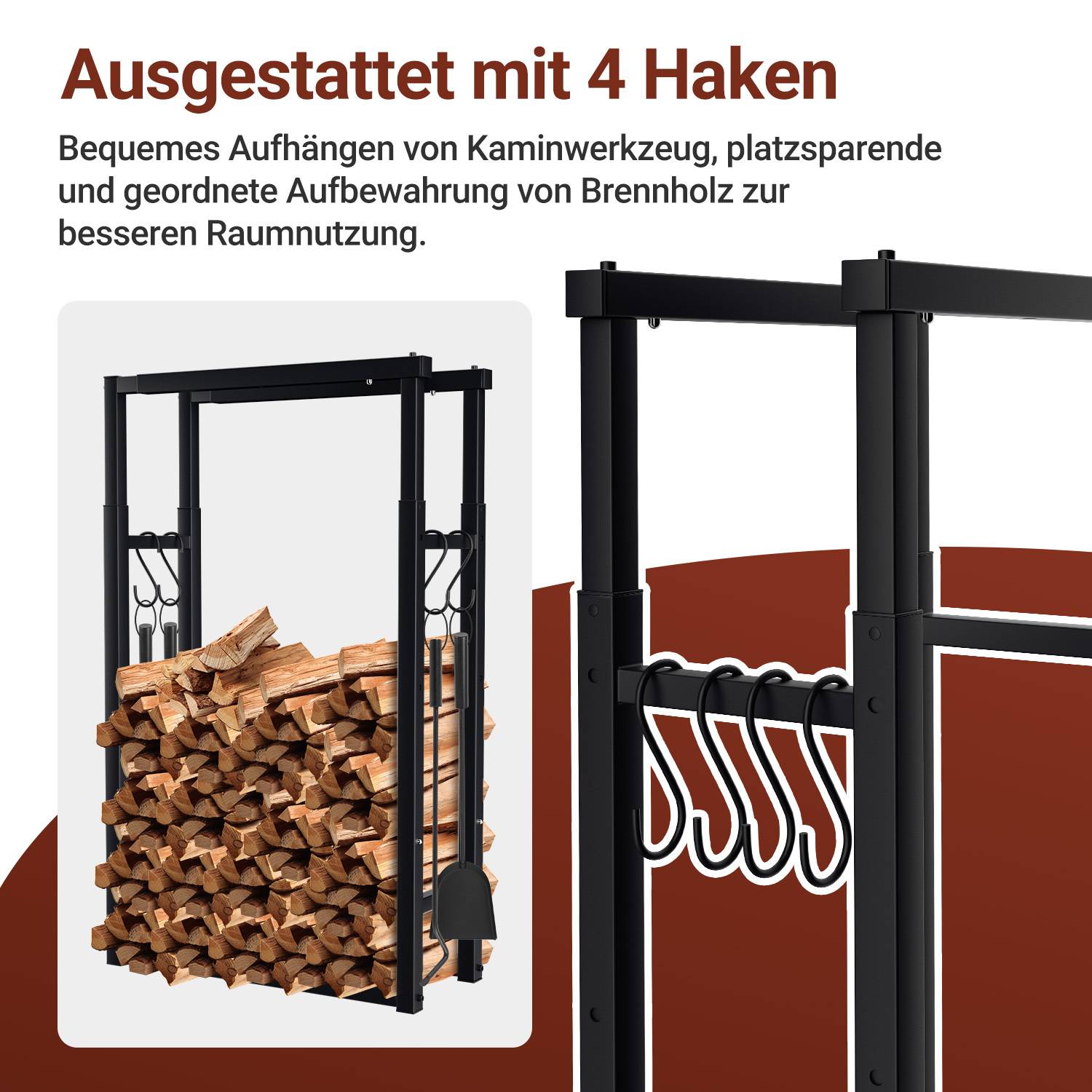 Kaminholzregal verstellbar 60–100 cm, Höhe 100/125/150 cm, Metall Schwarz, bis 550 kg, mit 4 Gerätehaken