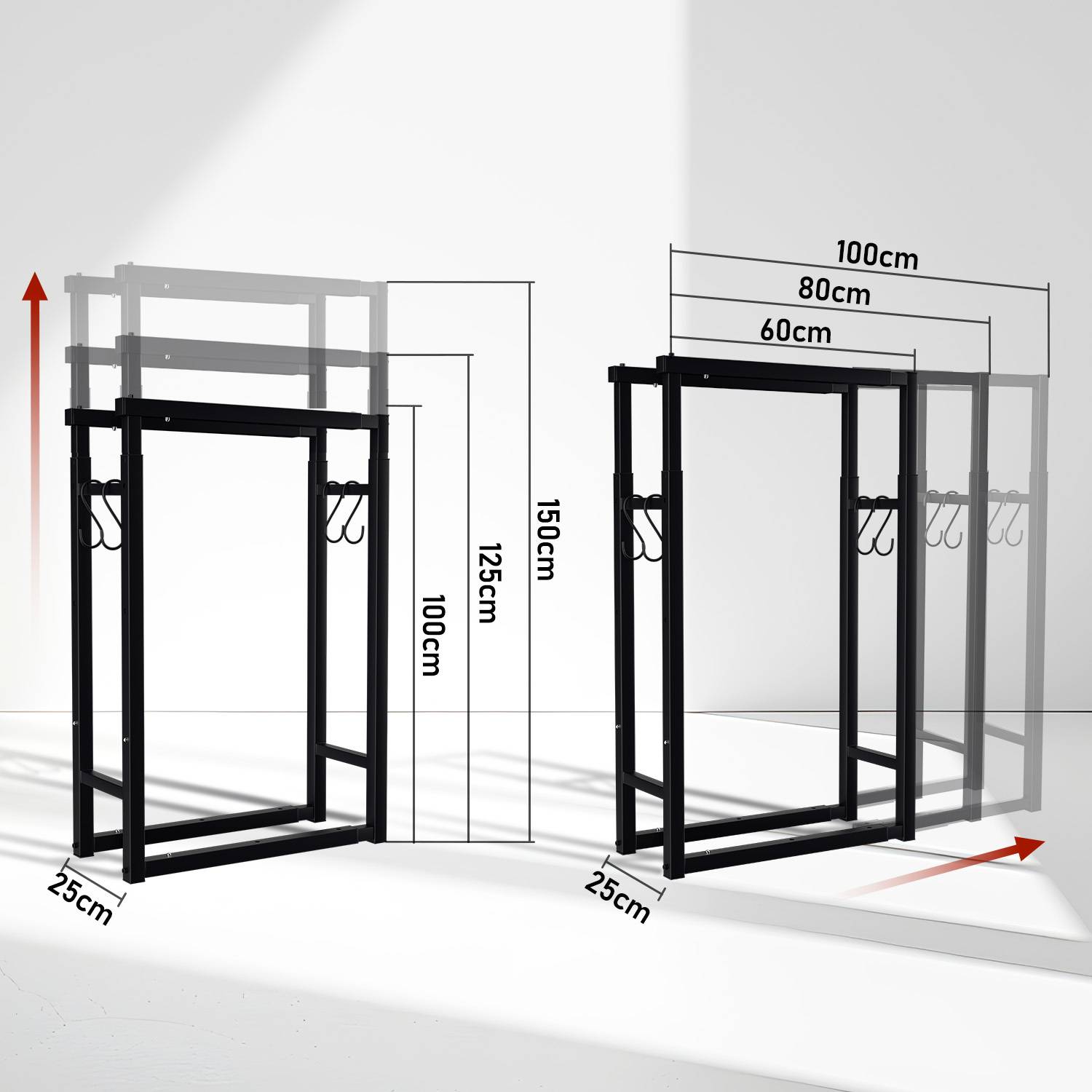 Kaminholzregal verstellbar 60–100 cm, Höhe 100/125/150 cm, Metall Schwarz, bis 550 kg, mit 4 Gerätehaken