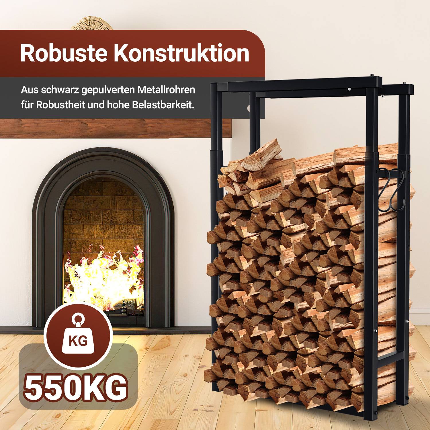 Kaminholzregal verstellbar 60–100 cm, Höhe 100/125/150 cm, Metall Schwarz, bis 550 kg, mit 4 Gerätehaken