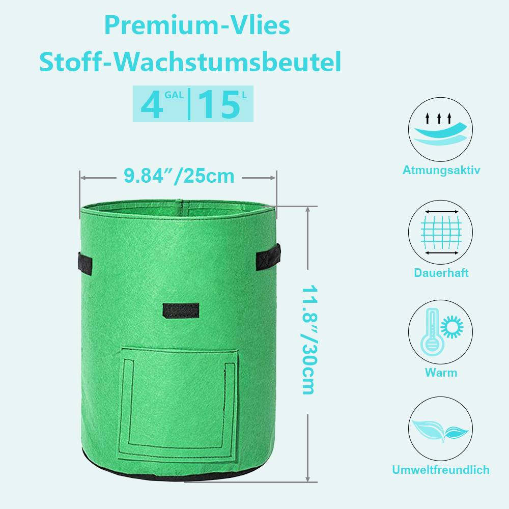 Produktbild eines grünen 15-Gallonen-Stoff-Anzuchttopfs, dargestellt mit Abmessungen von 9,84 Zoll/25 cm Breite und 11,8 Zoll/30 cm Höhe, plus Symbole für atmungsaktiv, langlebig, warm und umweltfreundlich Eigenschaften.