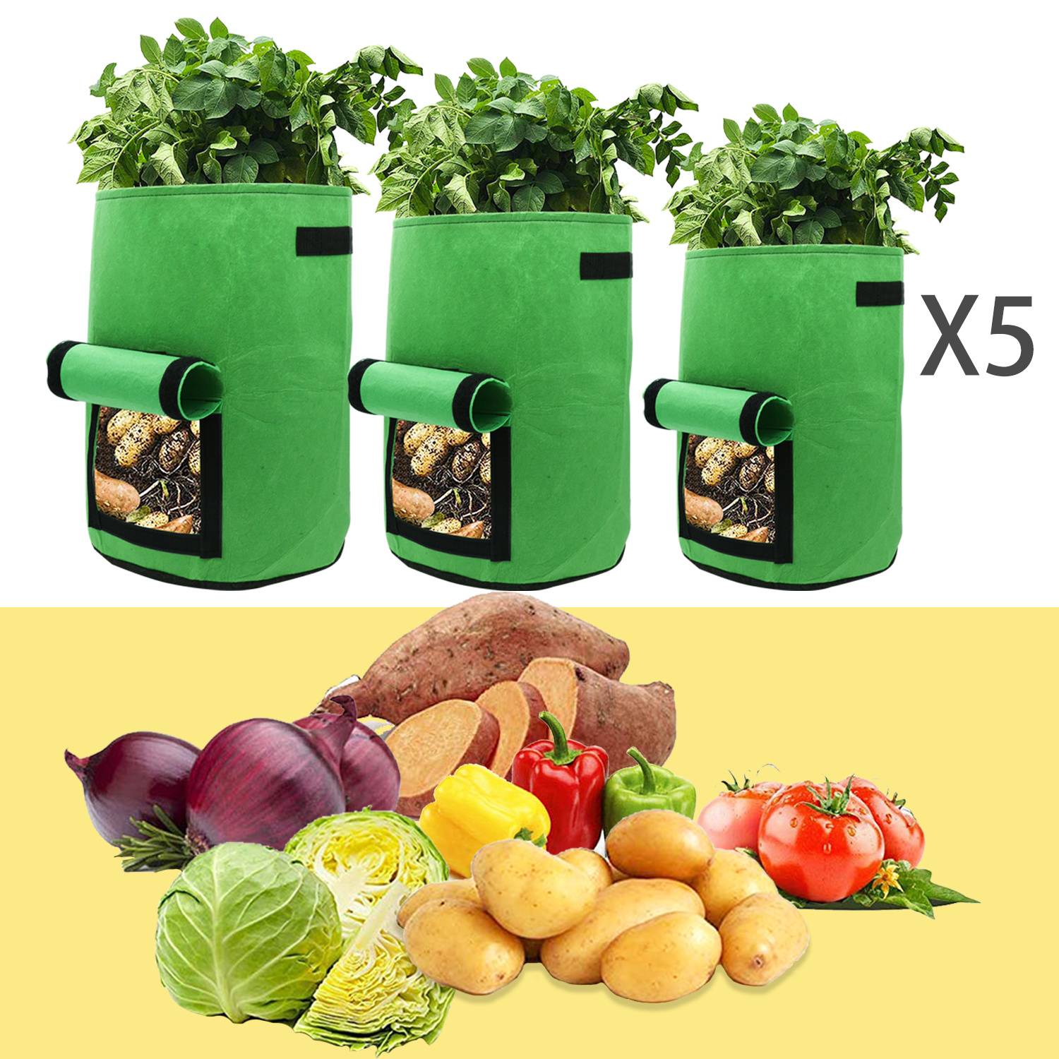 Drei grüne Stoffkartoffelanbausäcke mit Pflanzen, gekennzeichnet mit X5, über verschiedenen geernteten Gemüsesorten einschließlich Kartoffeln, Zwiebeln, Kohl, Süßkartoffeln, Paprika und Tomaten.