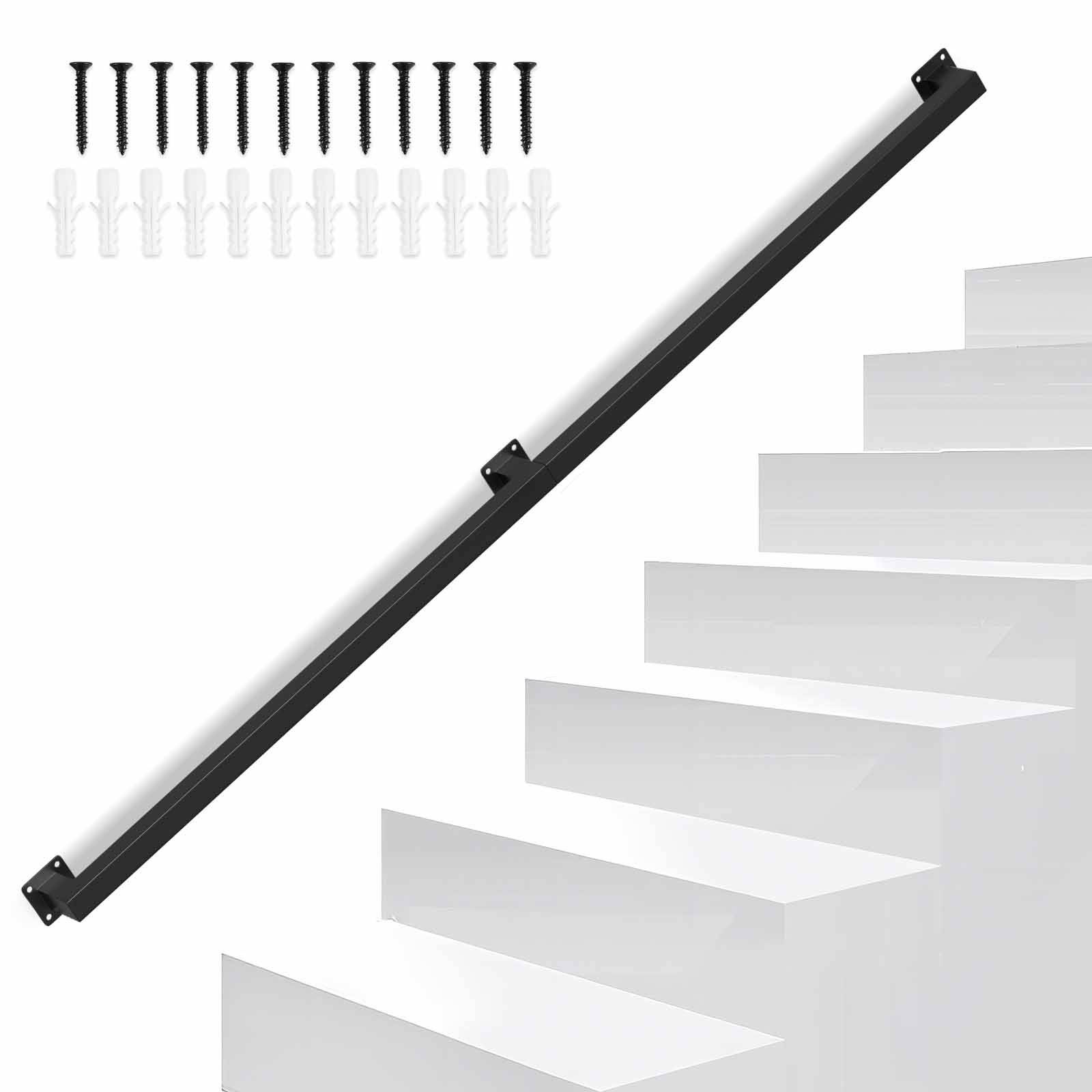Schwarzes Treppengel änder-Set mit Montageklammern, Schrauben und Wanddübeln neben einer Treppen illustration dargestellt.