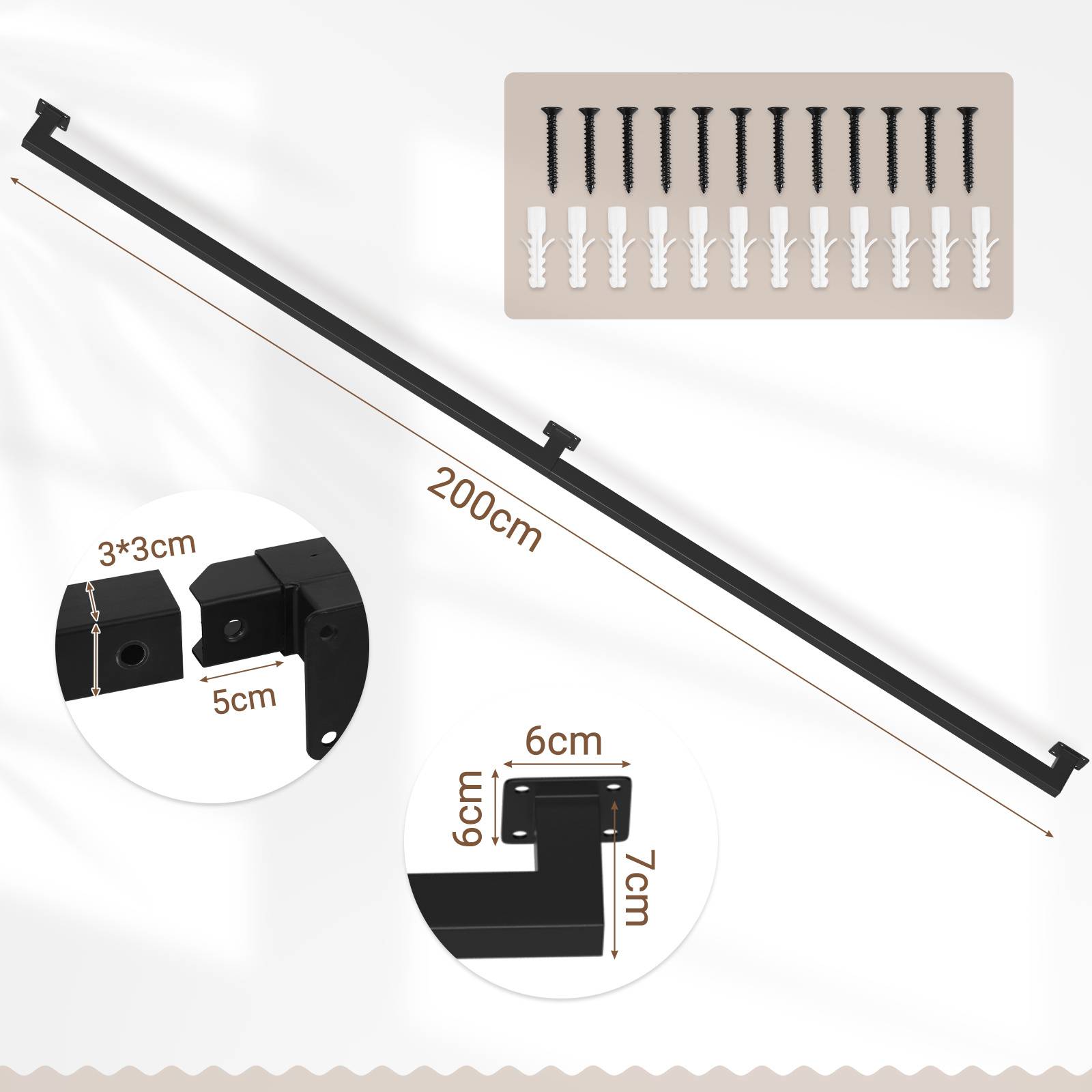 Vierkant-Handlauf 200 cm Schwarz, Treppengeländer aus Eisen mit Pulverbeschichtung, 30 x 30 mm, zweiteilig, für Treppe und Flur