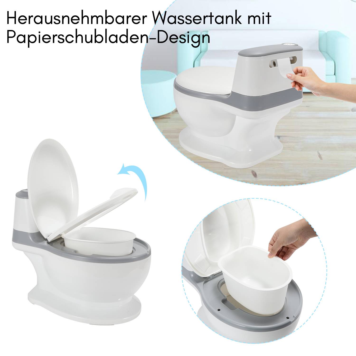 Collage zeigt eine tragbare Toilette mit Paperschüssel-Design, einschließlich einer Hand, die die Spülung betätigt, und einer Einwegschüssel, die innen platziert wird.