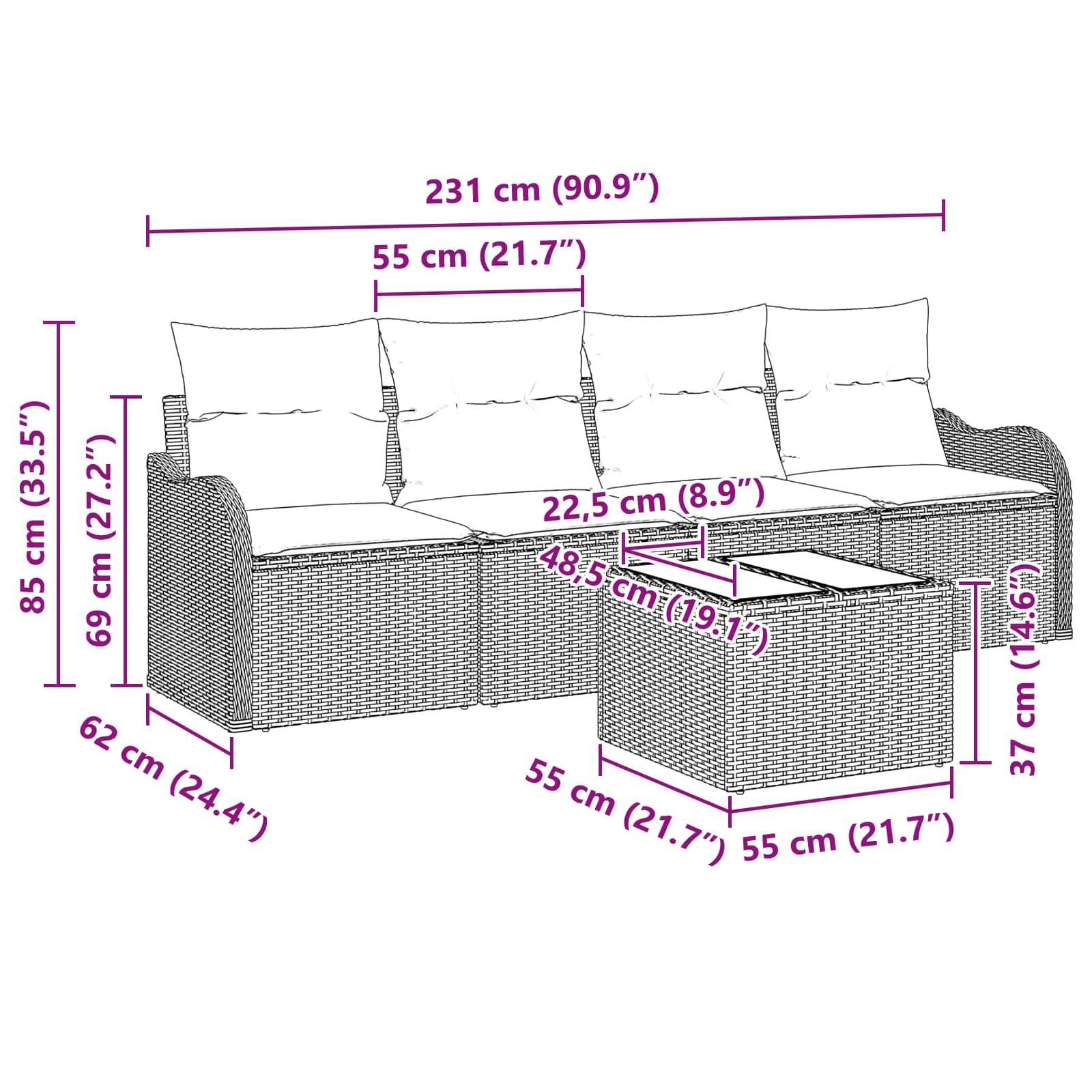 Dimensionierte Illustration eines outdoor Rattan-Ecksofa mit Chaiselongue und Stauraum-Ottomane, zeigt Gesamtgröße und wichtigste Abmessungen in cm und Zoll.