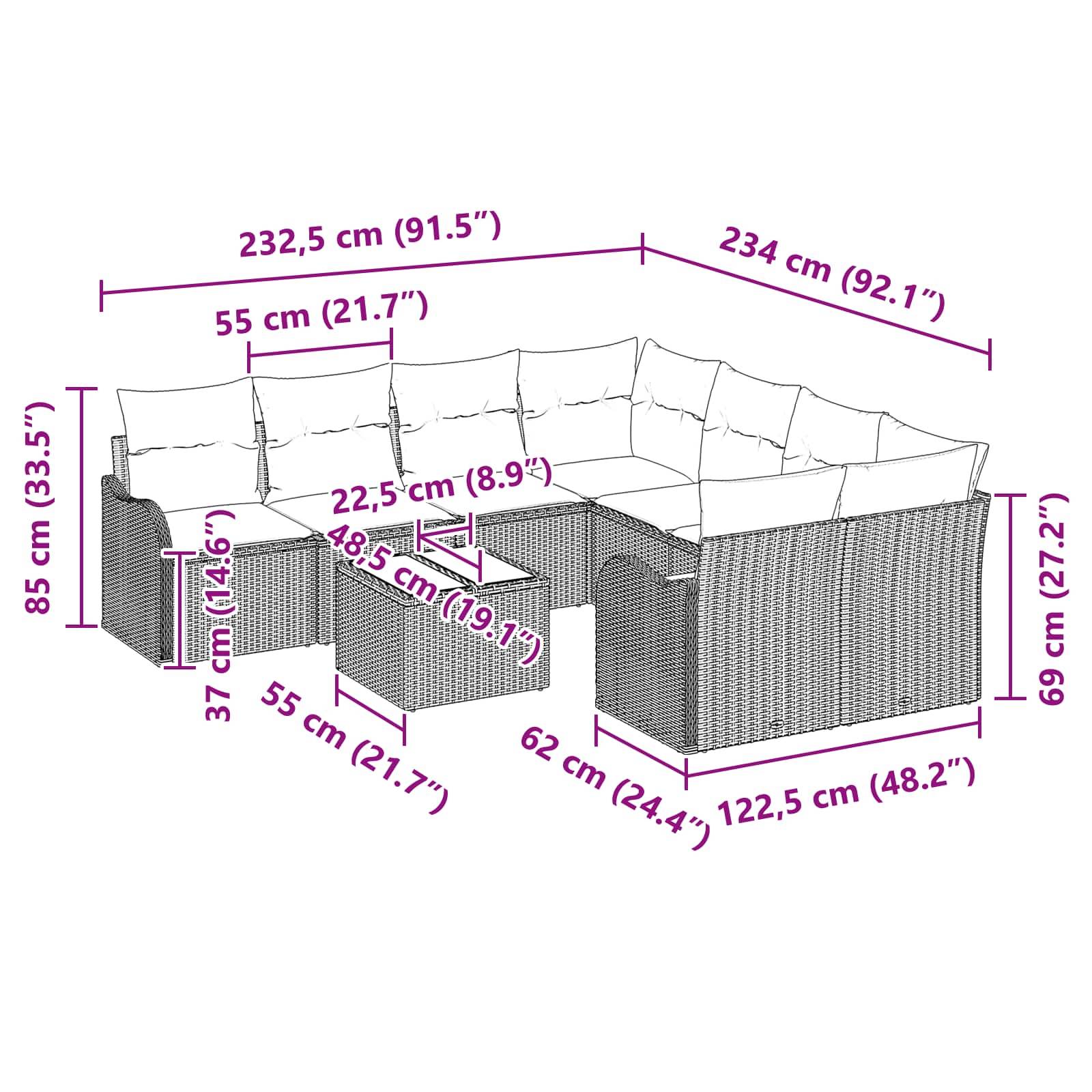 Diagramm eines Rattan-Außensektionalsofas mit Kissen, das Gesamtabmessungen und Komponentengrößen in Zentimetern und Zoll zeigt.