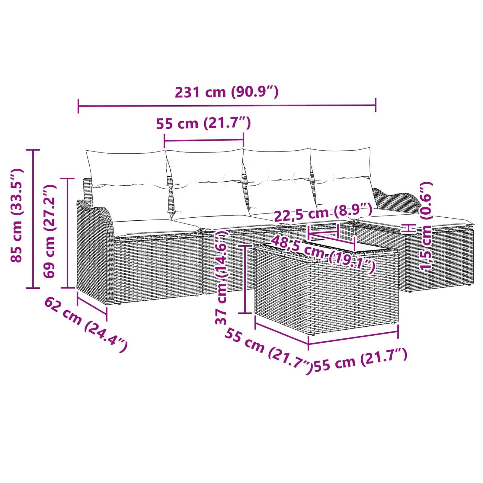 Annotierte Diagramm eines Outdoor-Modulsofas mit Ottomane und Beistelltisch, das Gesamtabmessungen in cm und Zoll zeigt.