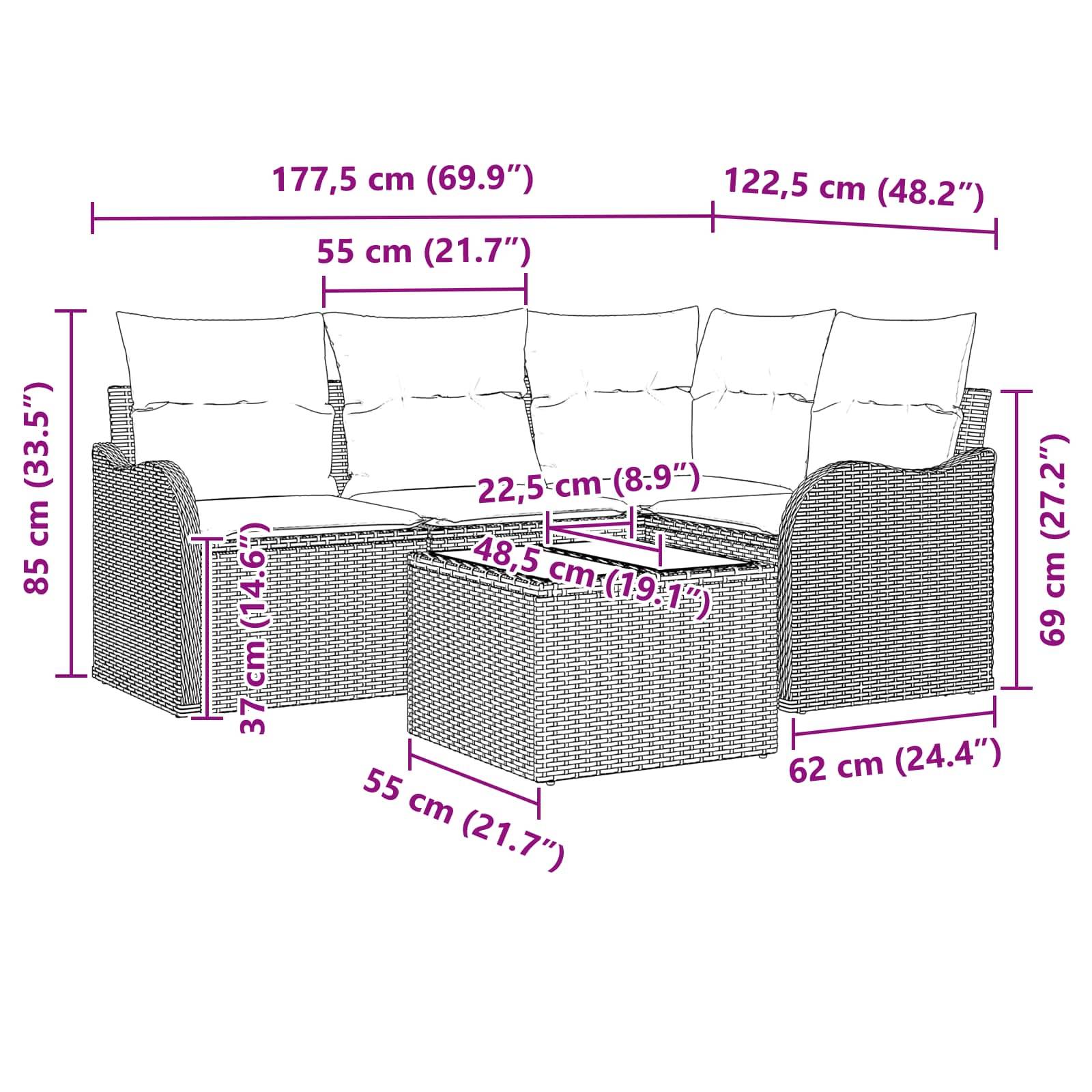 Diagramm eines Korbgeflecht-Ecksofa mit Ottomane und Kissen, das Gesamt- und Komponentenabmessungen in cm und Zoll zeigt.