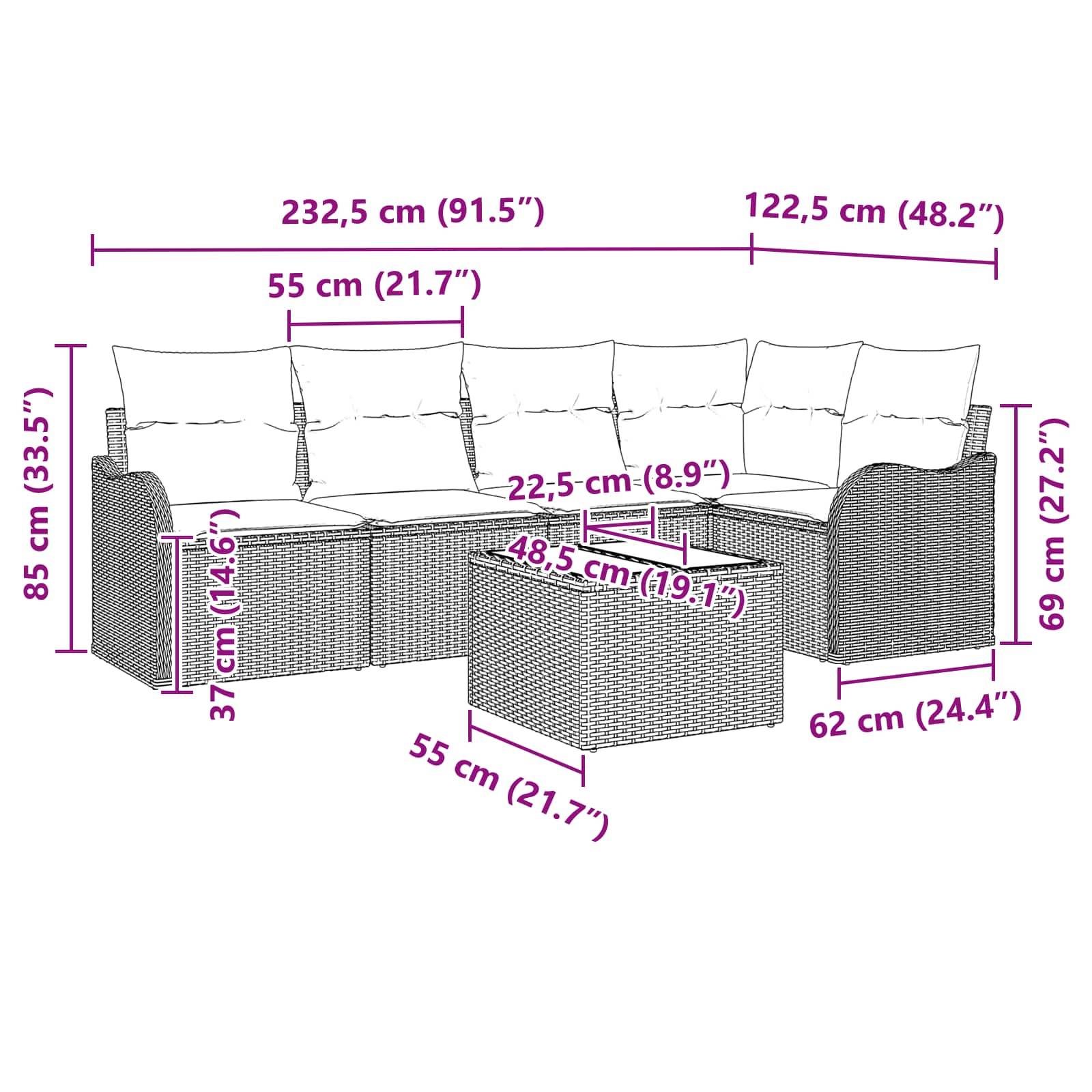 Diagramm eines Korbgeflecht-Ecksofa mit Kissen, das Gesamtabmessungen und Sitzmessungen in cm und Zoll zeigt, einschließlich Armlehnenhöhe, Sitztiefe und Tischgröße.
