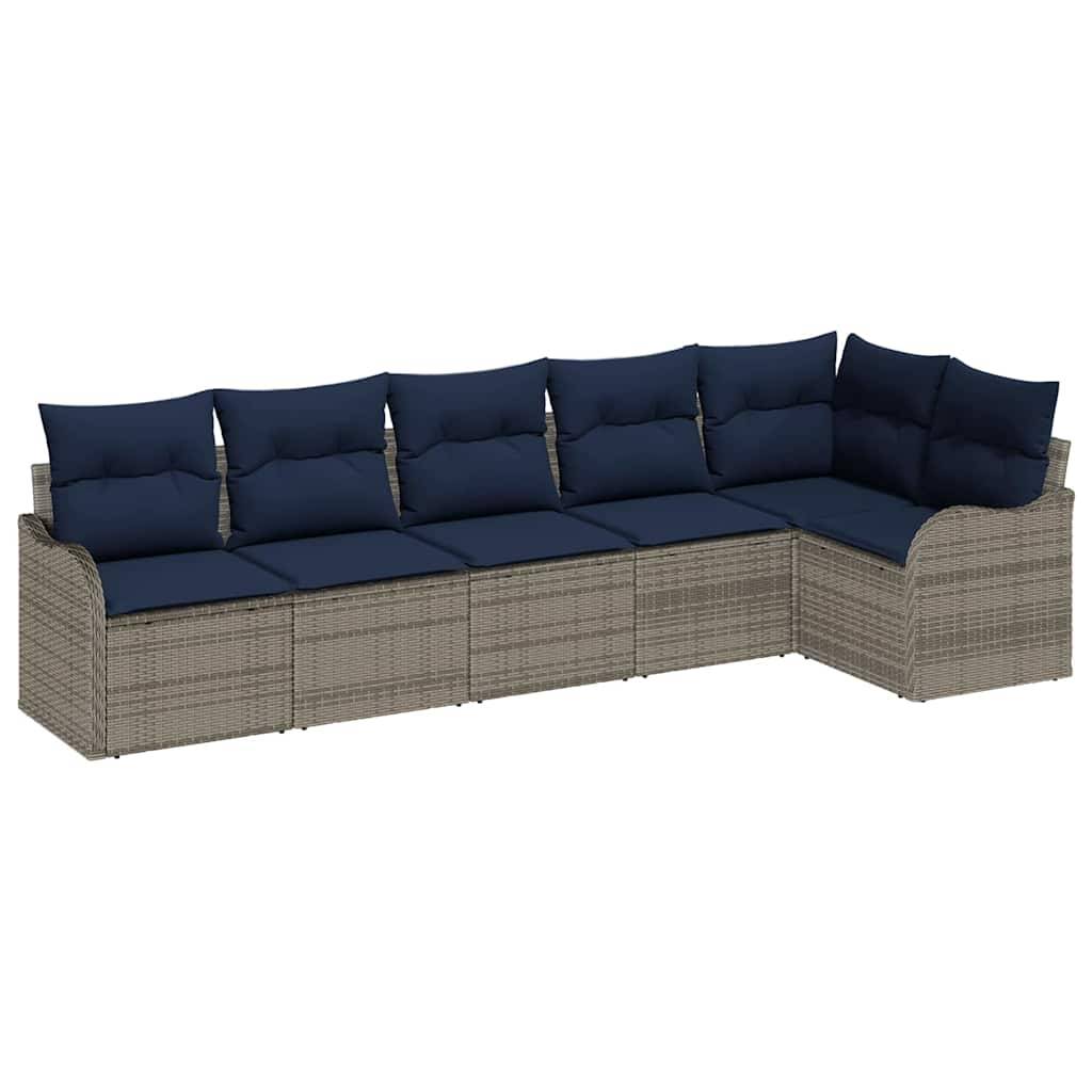 Outdoor L-förmiges Ecksofa mit gewebtem beigefarbenem Rahmen und dunkelblauem Sitzkissen auf weißem Hintergrund.