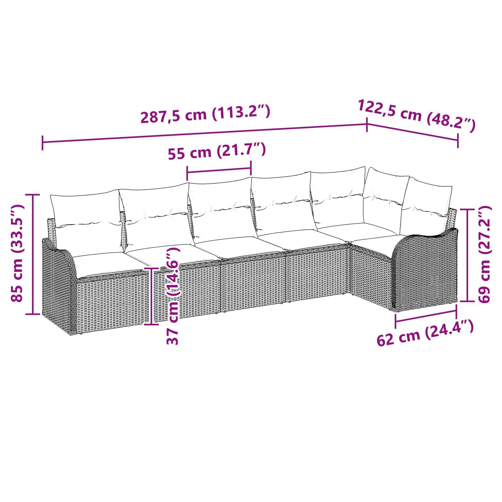 Ecksofa-Diagramm mit Abmessungen: 287,5 cm breit, 122,5 cm tief, 85 cm hoch, 69 cm Armlehnenhöhe, 37 cm Sitzhöhe und 55 cm/62 cm Abschnittsmessungen.