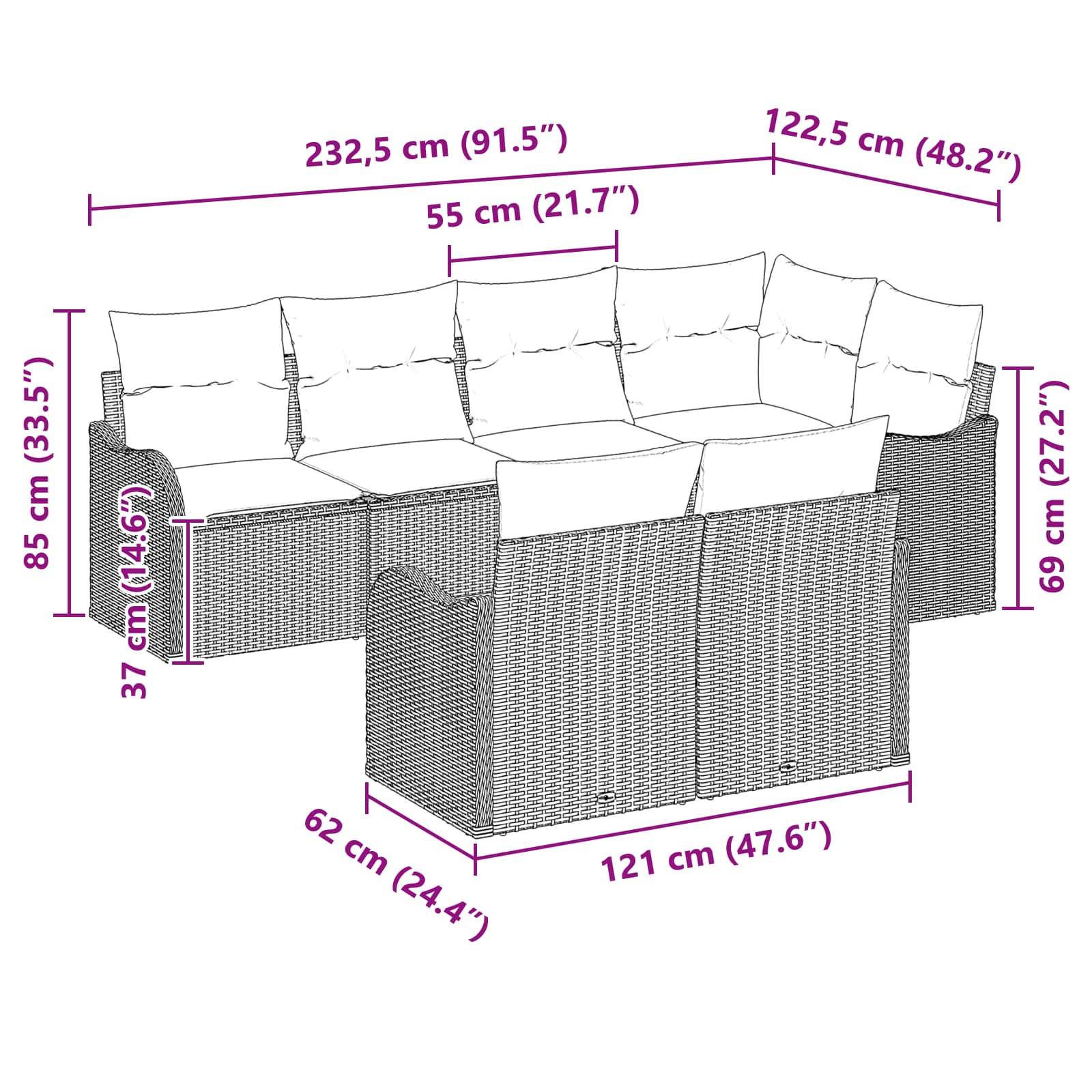 Maßstabzeichnung eines L-förmigen Korbmöbel-Ecksofa mit Kissen: 232,5 cm x 122,5 cm Gesamtmaße, 85 cm Höhe, 69 cm Armlehnenhöhe, 121 cm Vorderseite, 62 cm Seite, 55 cm Sitzbreite.