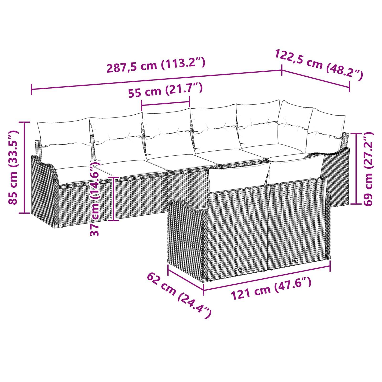 Maßstabzeichnung eines outdoor flechtwerk ecksofa mit kissen, das die gesamtgröße von 287,5 cm x 122,5 cm zeigt, sitzbretite 55 cm und höhenmessungen bis zu 85 cm.