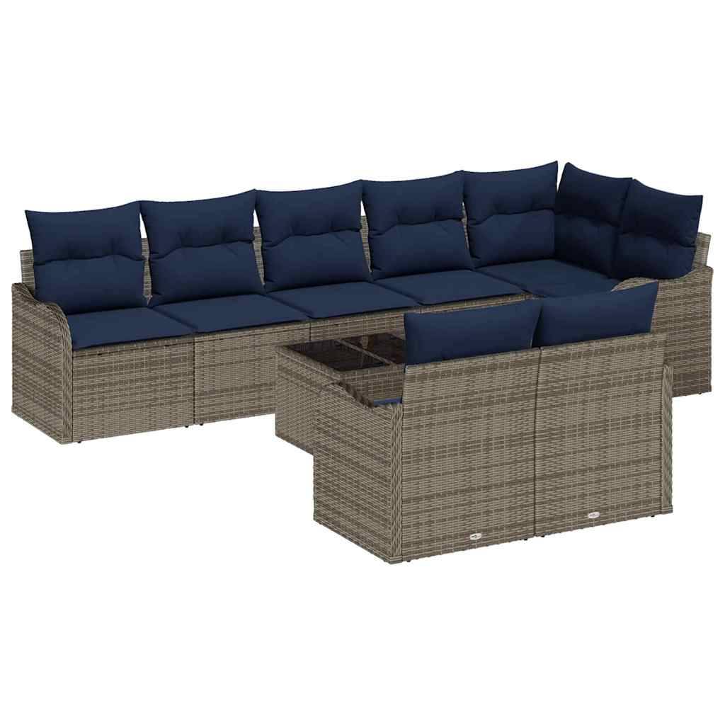 Outdoor-Polyrattan-Ecksofa-Set mit marineblauen Kissen und passendem quadratischem Pouf/Couchtisch in der Mitte.