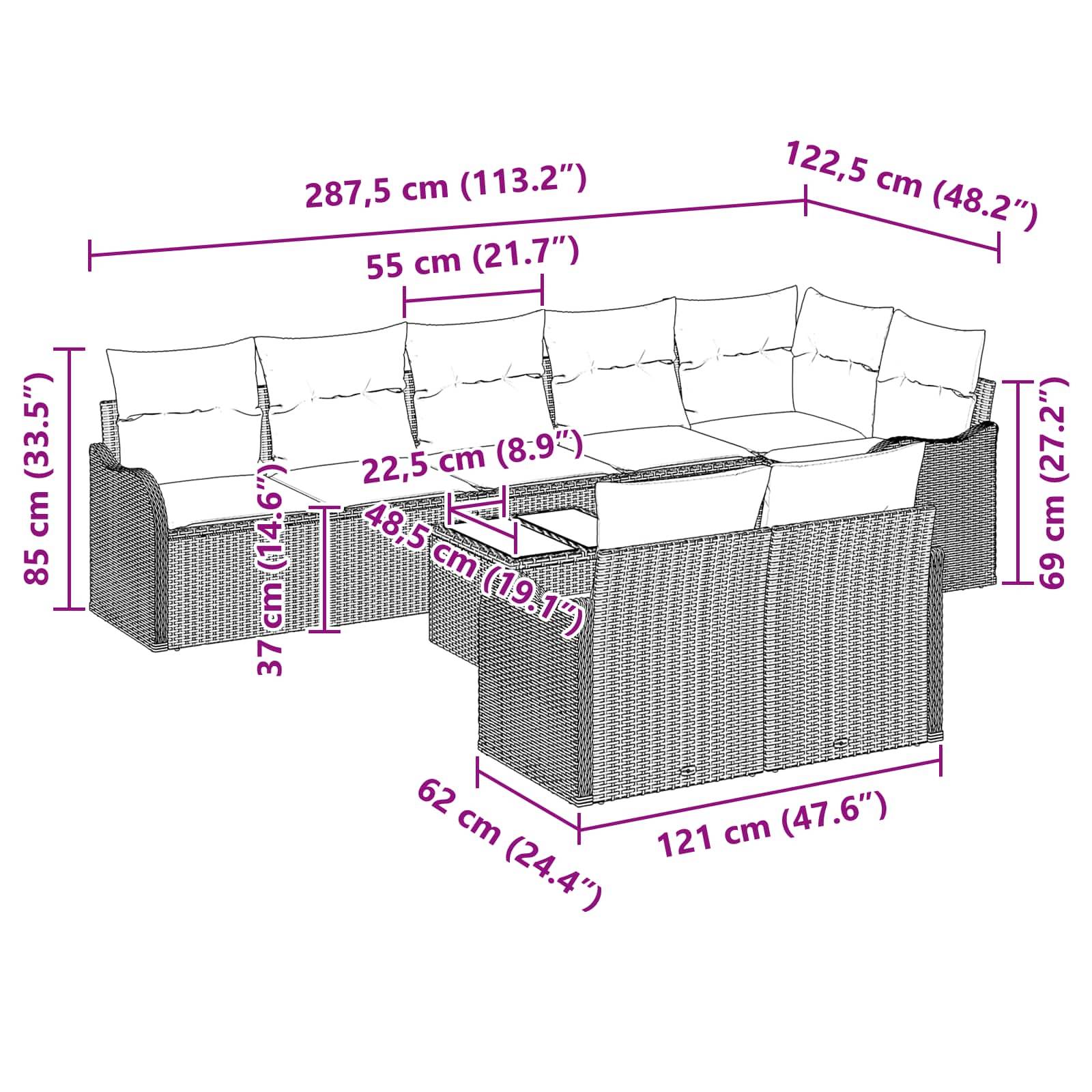 # Diagramm eines Outdoor-Sitzmöbelsofas mit gekennzeichneten Abmessungen in cm und Zoll, das die Gesamtgröße, Sitzhöhe, Armlehnenhöhe und Tischmaße zeigt.