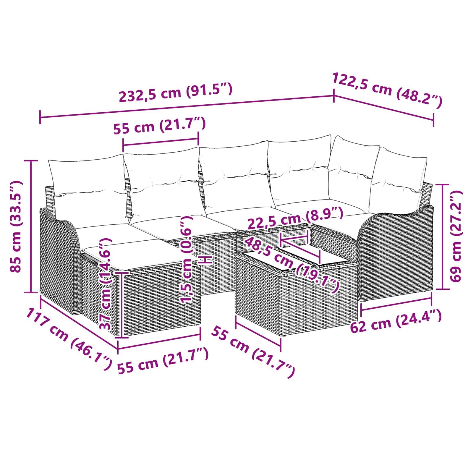 Maßdiagramm eines L-förmigen Korbgeflecht-Eckzahnsofas mit Kissen und Couchtisch, das die Gesamtgröße 232,5 x 122,5 cm sowie einzelne Maße für Sitz, Armlehne und Höhe zeigt.
