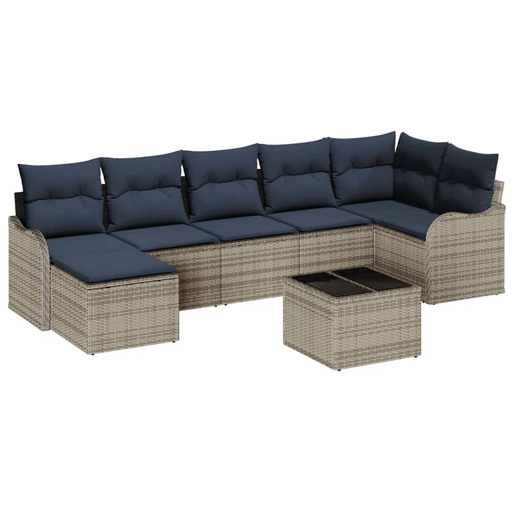 Outdoor-Korbsessel-Sektionalsofa mit dunklen Kissen und passendem quadratischem Couchtisch, dargestellt auf weißem Hintergrund.