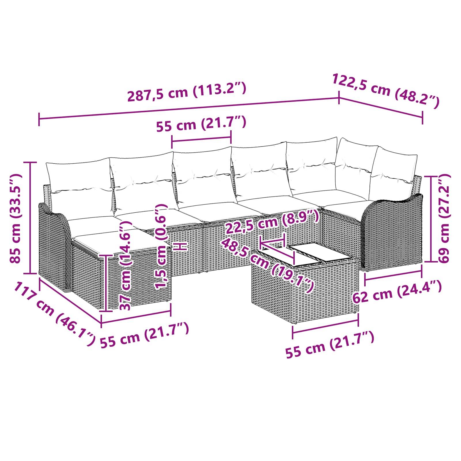 Diagramm eines L-förmigen Ecksofa mit Beistelltisch, das Gesamt- und Komponentenabmessungen in cm und Zoll zeigt.