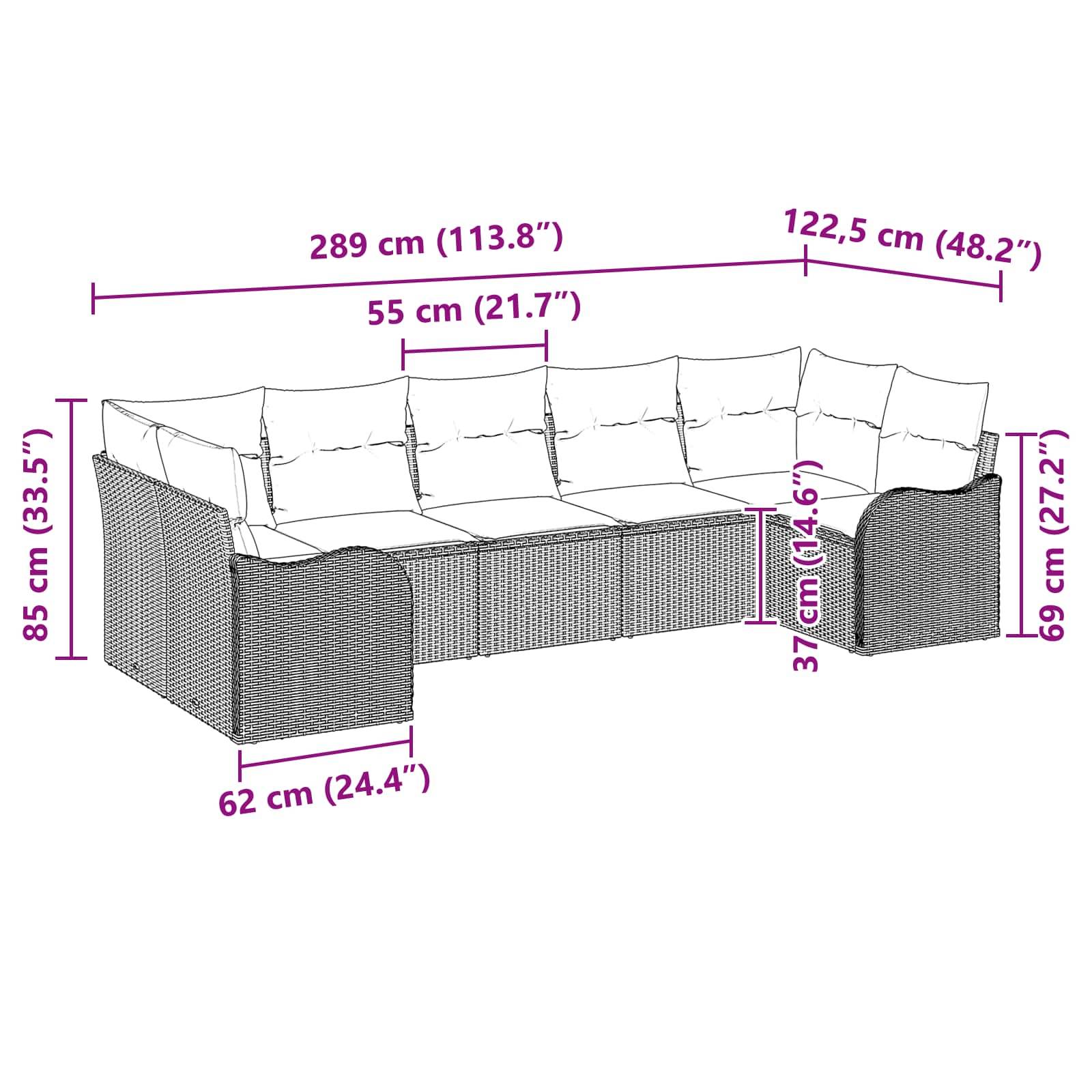 Diagramm eines L-förmigen Außensektor-Sofas mit beschrifteten Abmessungen: 289 cm breit, 122,5 cm tief, 85 cm hoch, 69 cm Armlehnenhöhe, 62 cm Sitztiefe, 55 cm Kissenbreite, 37 cm Sitzhöhe.
