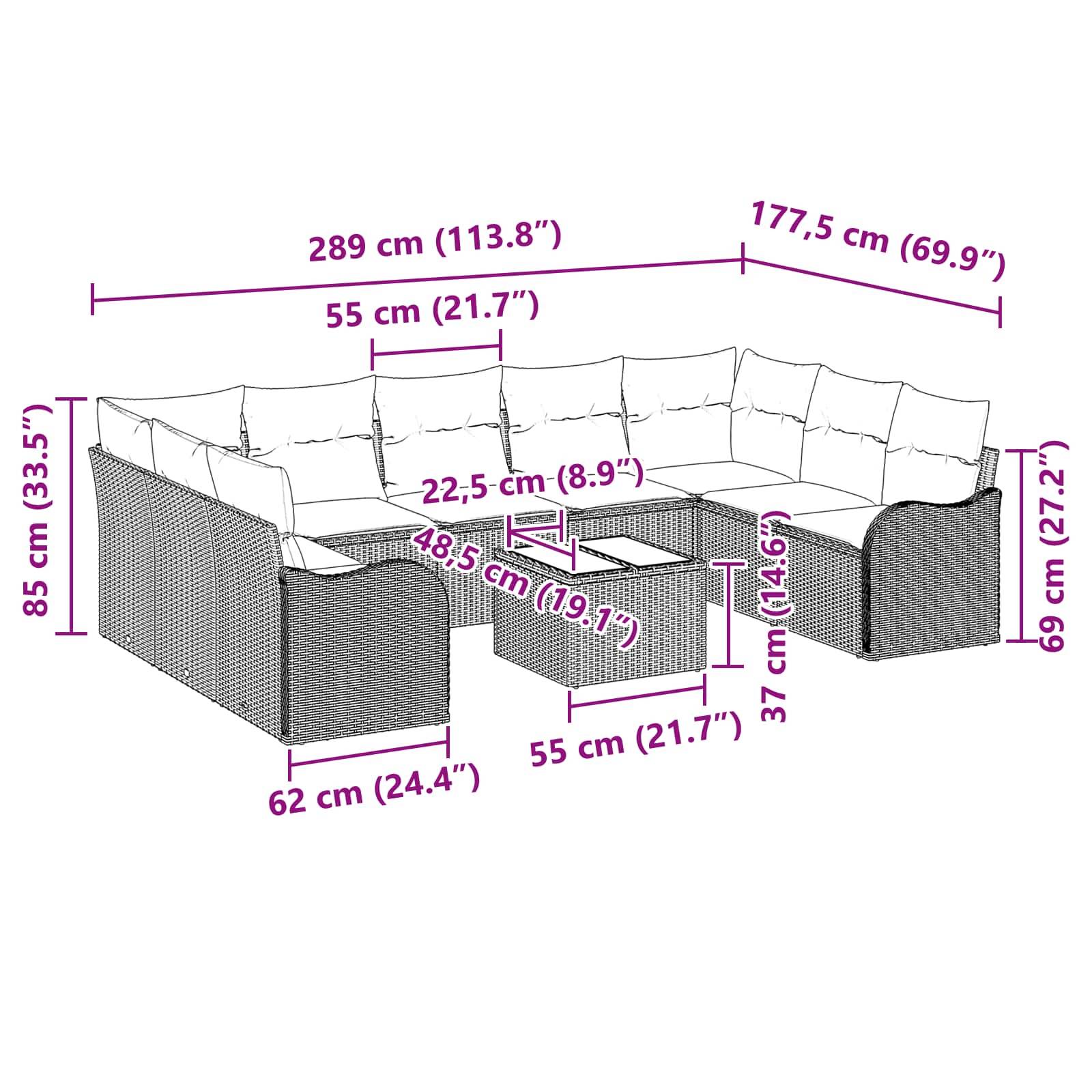 Annotiertes Diagramm einer L-förmigen Eckgarnitur mit Ottomane/Tisch, das Gesamt- und Komponentenabmessungen in cm und Zoll zeigt.