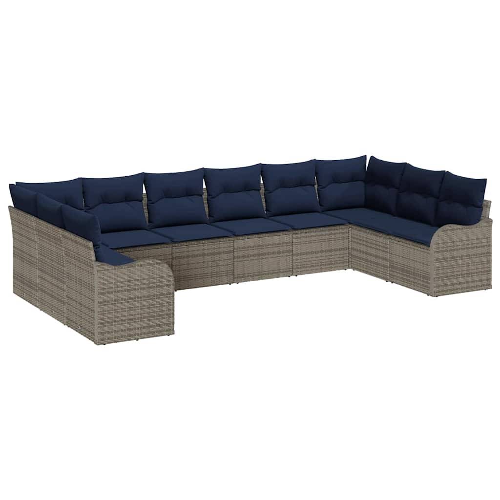 L-förmiges Outdoor-Lounge-Sofa mit beigem gewebtem Rahmen und dunkelnavyblauen Kissen auf weißem Hintergrund.