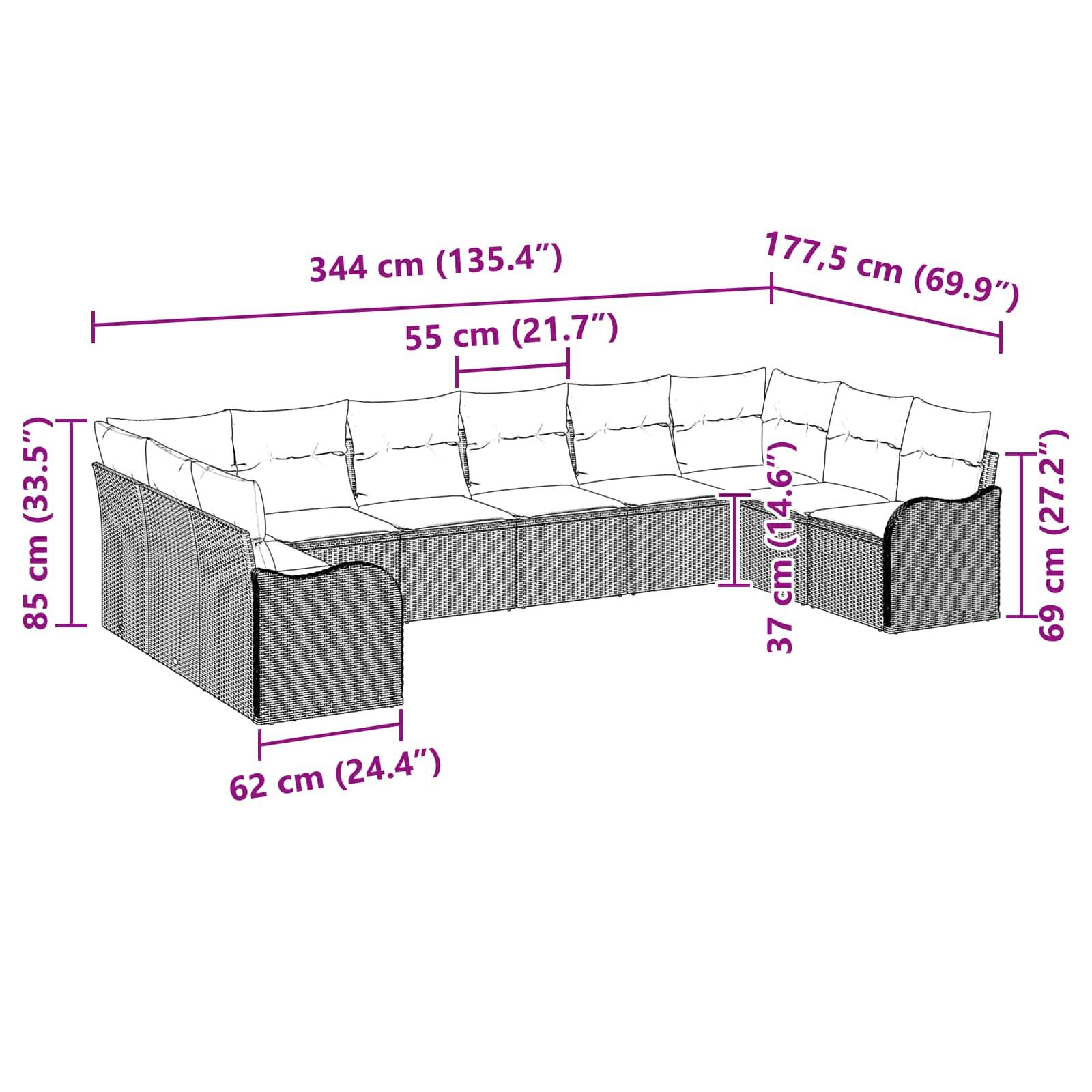 Maßstabsgerechte Zeichnung eines L-förmigen Sitzmöbels, die die Gesamtbreite von 344 cm, Tiefe von 177,5 cm, Sitzbreite von 55 cm, Sitzhöhe von 37 cm und Armlehnenhöhen von 85 cm und 69 cm zeigt.