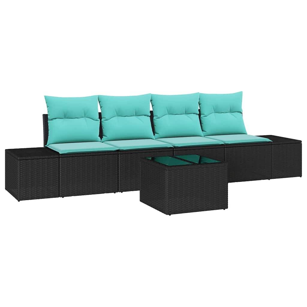 Schwarzes Rattan-Gartensofagarnitur mit türkisfarbenen Kissen und passendem quadratischem Couchtisch auf weißem Hintergrund.
