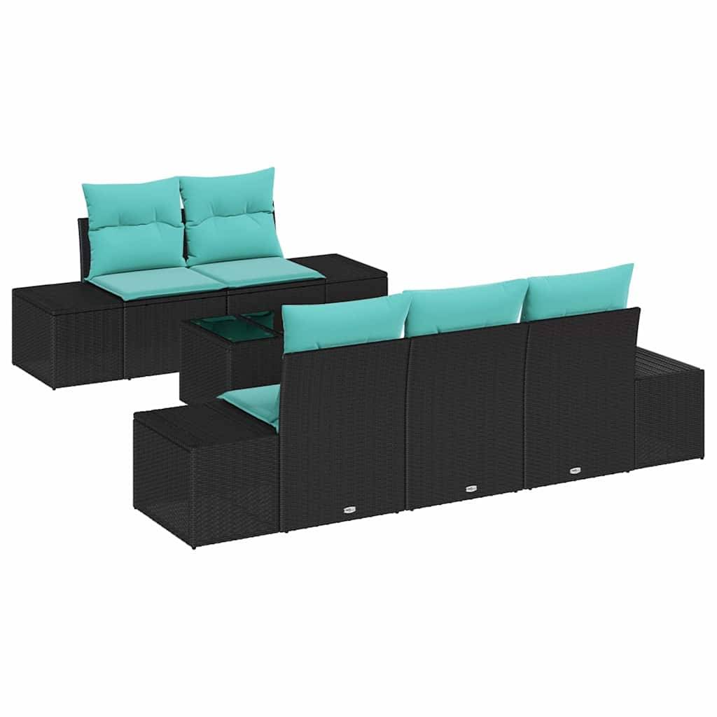 Schwarzes Korb-Außenbereichs-Schnittsofa-Set mit türkisfarbenen Kissen, dargestellt in zwei verbundenen Sitzkonfigurationen.