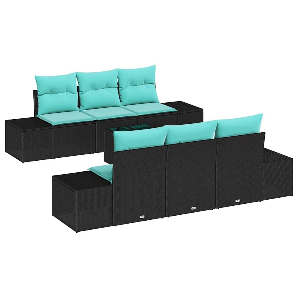 Schwarzes Rattan-Außensektionalsofa mit türkisen Kissen, gezeigt von vorne und hinten auf weißem Hintergrund.