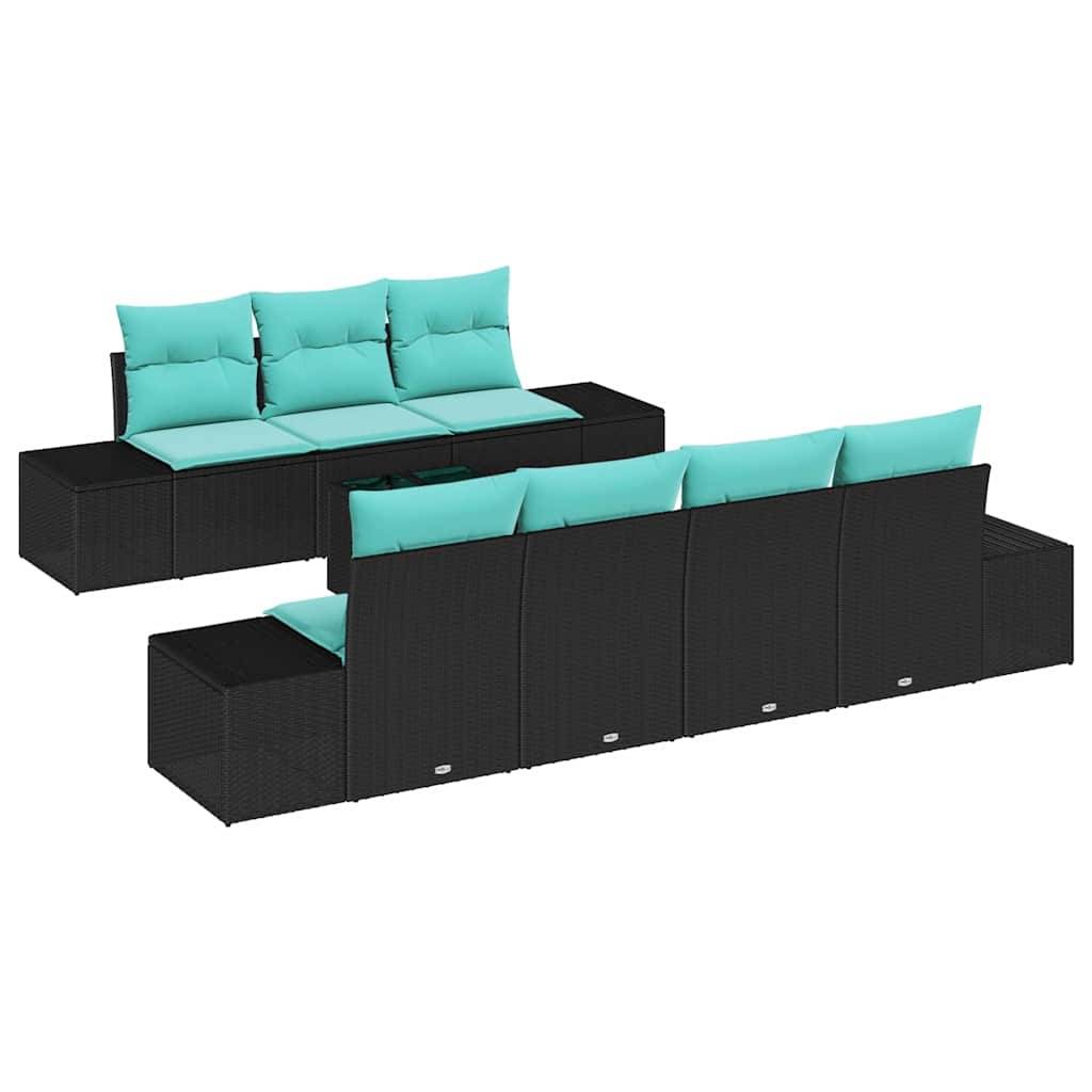Zwei schwarze Polsterecksofas aus Rattan mit türkisen Sitz- und Rückenlehnen-Kissen, dargestellt auf weißem Hintergrund.