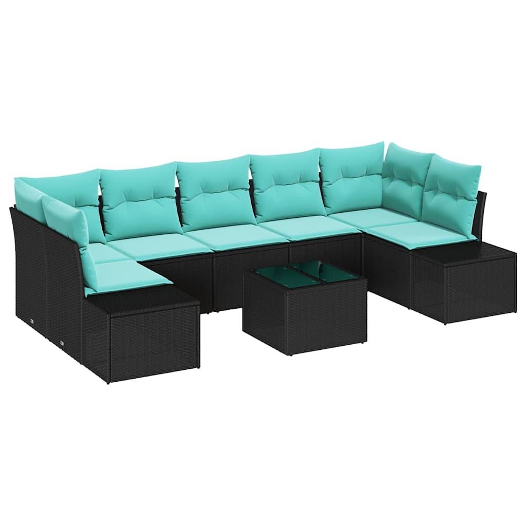 Schwarzes Korbgeflecht-Außenbereichs-Sofa mit türkisfarbenen Kissen und passendem quadratischem Couchtisch auf weißem Hintergrund.