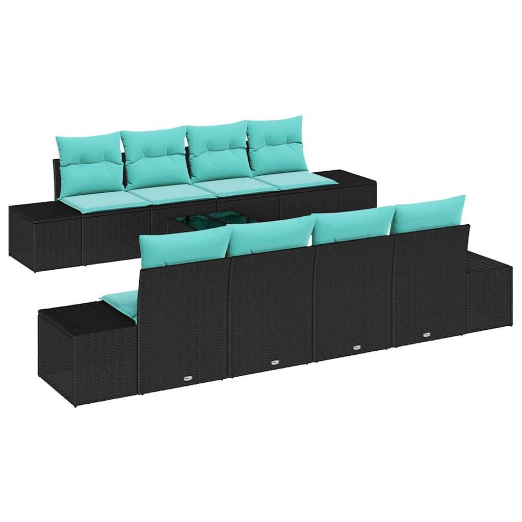 Outdoor-Loungegarnitur in schwarzem Polyrattan mit türkisfarbenen Kissen, von vorne und hinten auf weißem Hintergrund dargestellt.