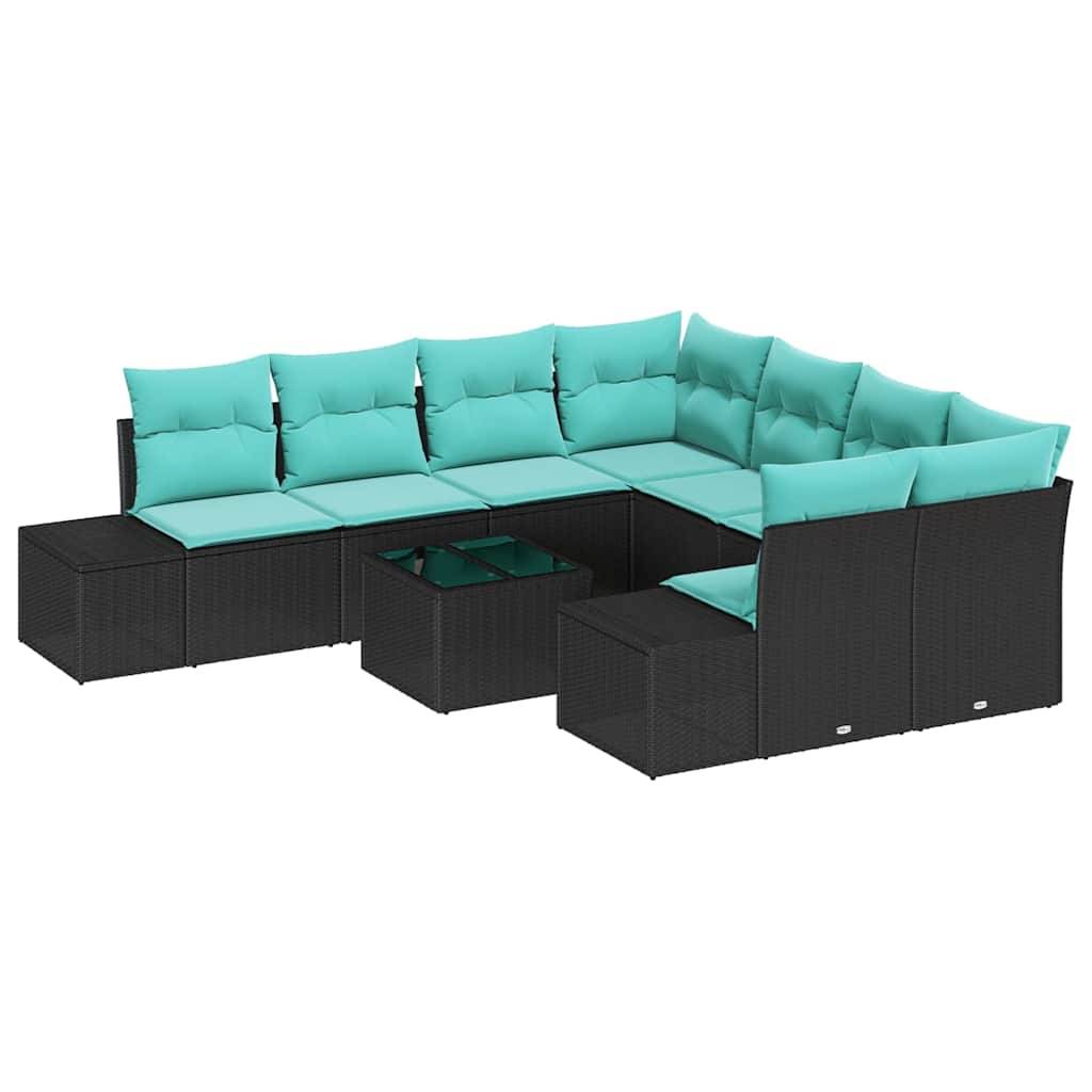 Schwarzes modulares Außen-Sitzelement mit türkisfarbenen Kissen in L-Form um einen passenden Mitteltisch angeordnet.
