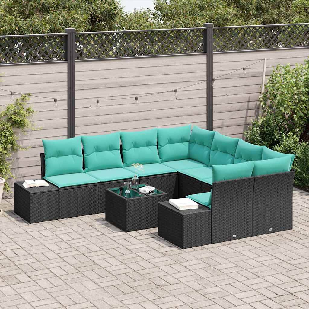 Terrasse im Freien mit türkisgepolstertem L-förmigen Ecksofa und passendem Tisch auf einer gepflasterten Terrasse