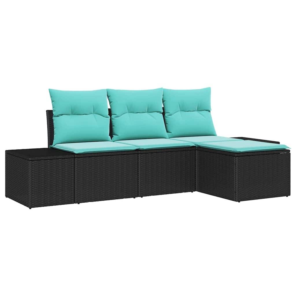 Schwarzes Korb-Außensektion-Sofa mit türkisfarbenen Kissen und drei Rückenkissen auf weißem Hintergrund