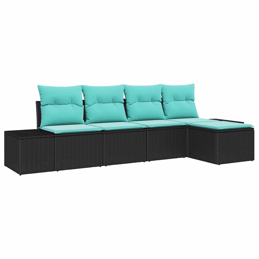 Schwarzes Garten-Ecksofa mit türkisen Kissen und vier Rückenkissen, auf weißem Hintergrund dargestellt.