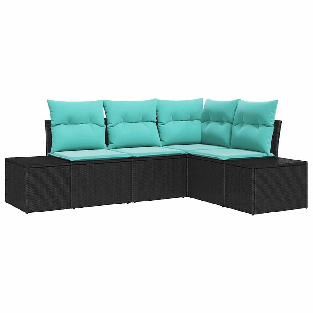Schwarzes Korb-Lounge-Sofa in L-Form mit türkisen Kissen auf weißem Hintergrund.