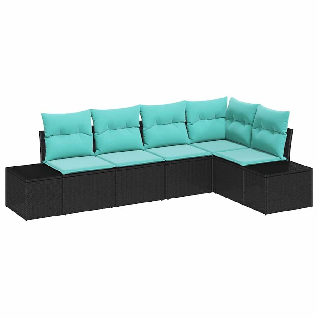 Schwarzes Korbgeflecht modulares Lounge-Ecksofa mit türkisfarbenen Kissen und Rückenkissen auf weißem Hintergrund.
