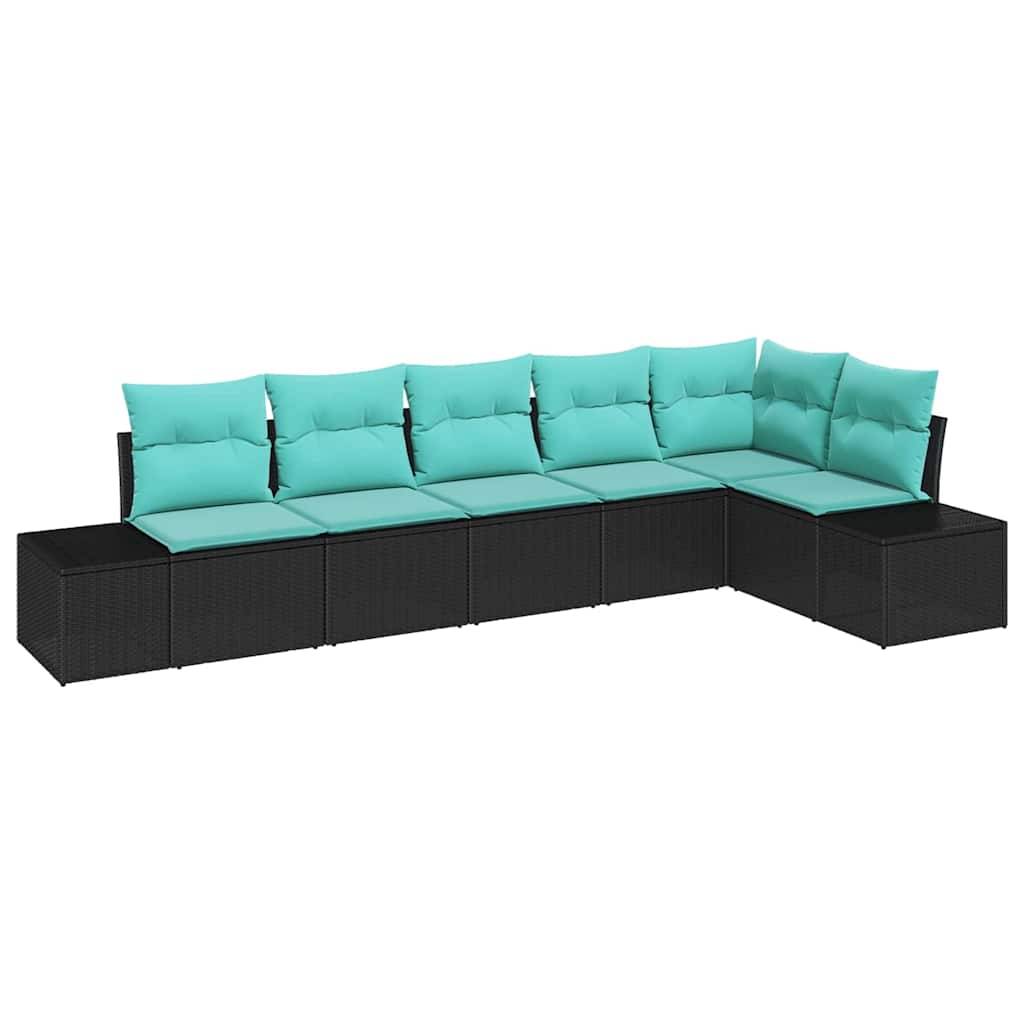 Schwarzes Polyrattan-Außensofa mit türkisfarbenen Kissen in L-förmiger Anordnung auf weißem Hintergrund.