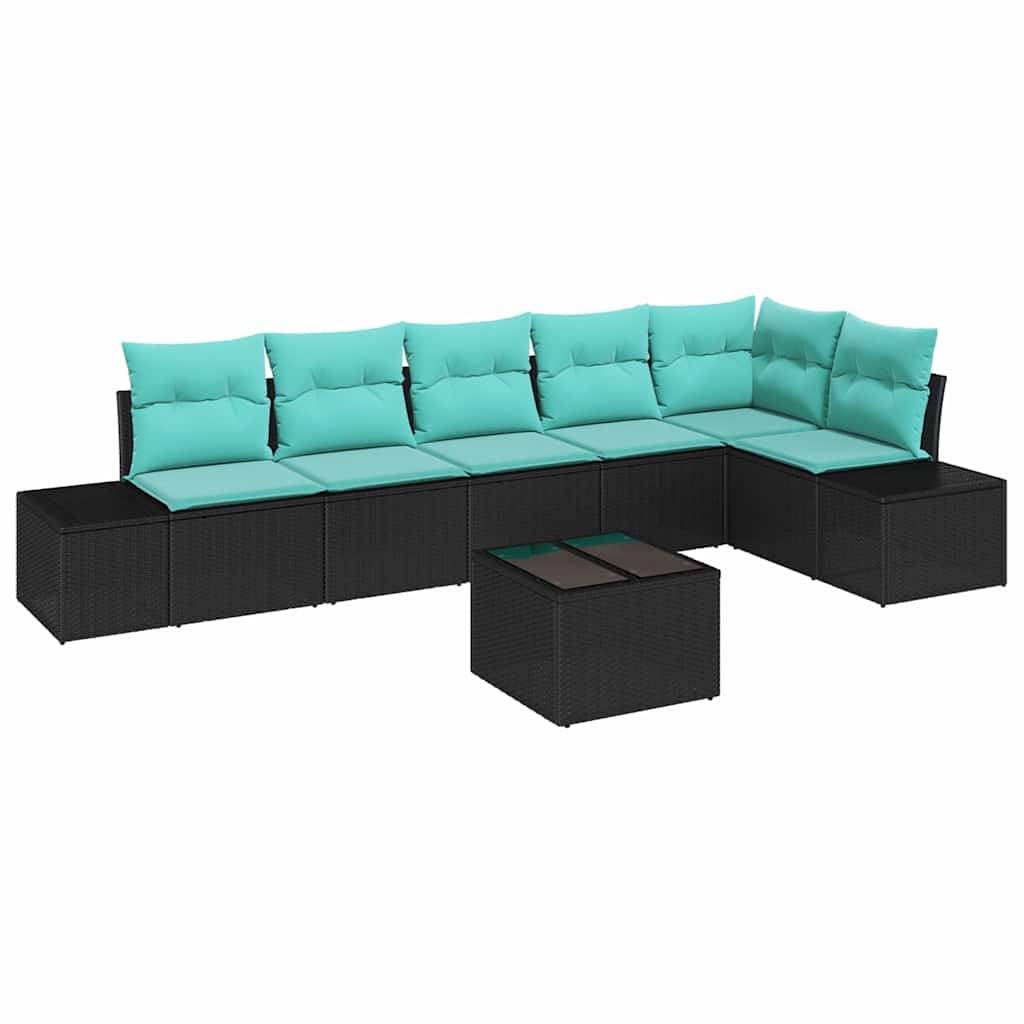 Schwarzes Flechtwerk-Außenbereichs-Sitzmöbel mit türkisen Kissen und passendem Couchtisch auf weißem Hintergrund.