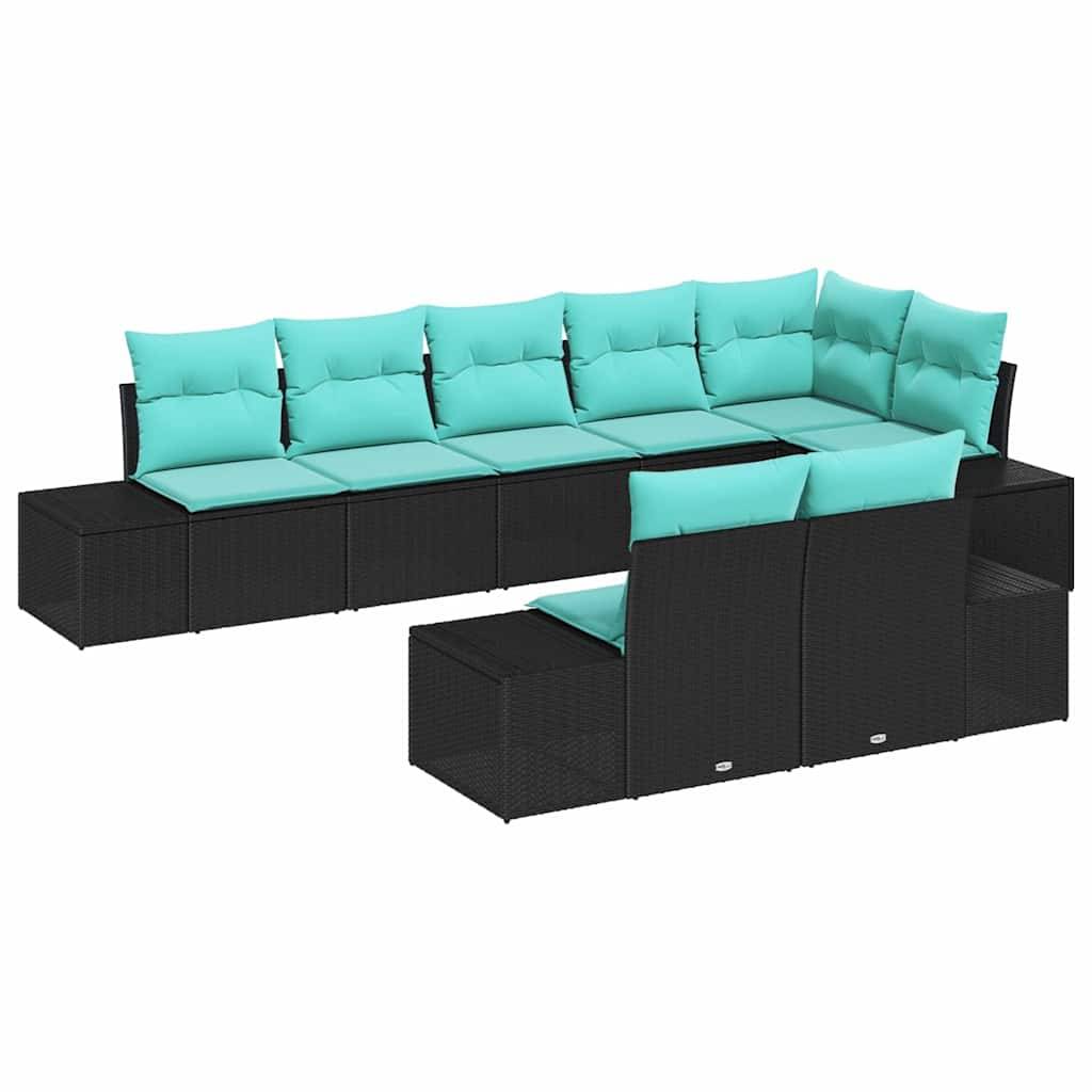 Schwarzes Rattangarnituren-Sofa für den Außenbereich mit türkisfarbenen Kissen, gezeigt in zwei modularen Anordnungen auf weißem Hintergrund.
